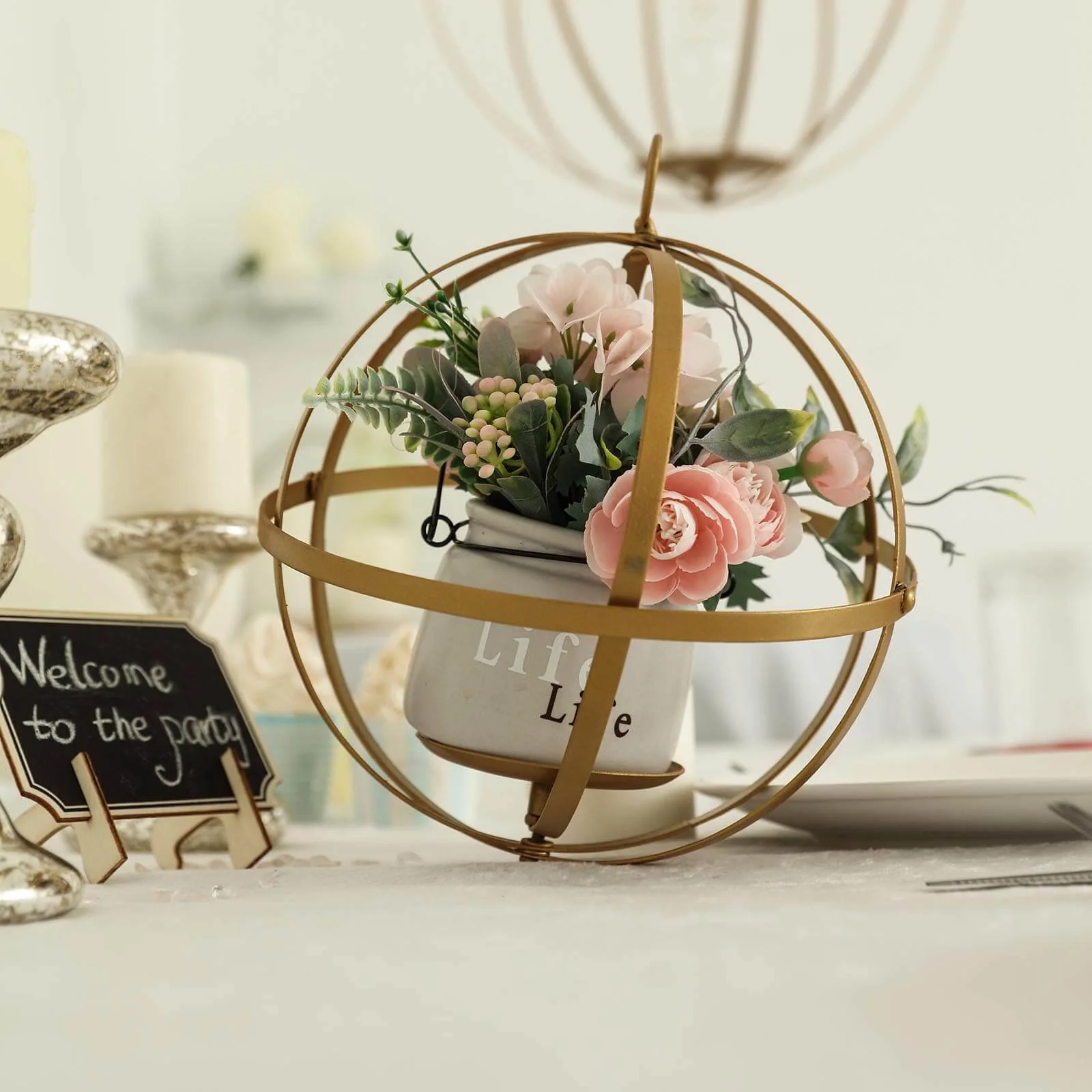 Gold Wrought Iron Candle Holder Centerpiece 18" Open Frame Hanging Sphere - Wedding Decorative Ball - Image 2