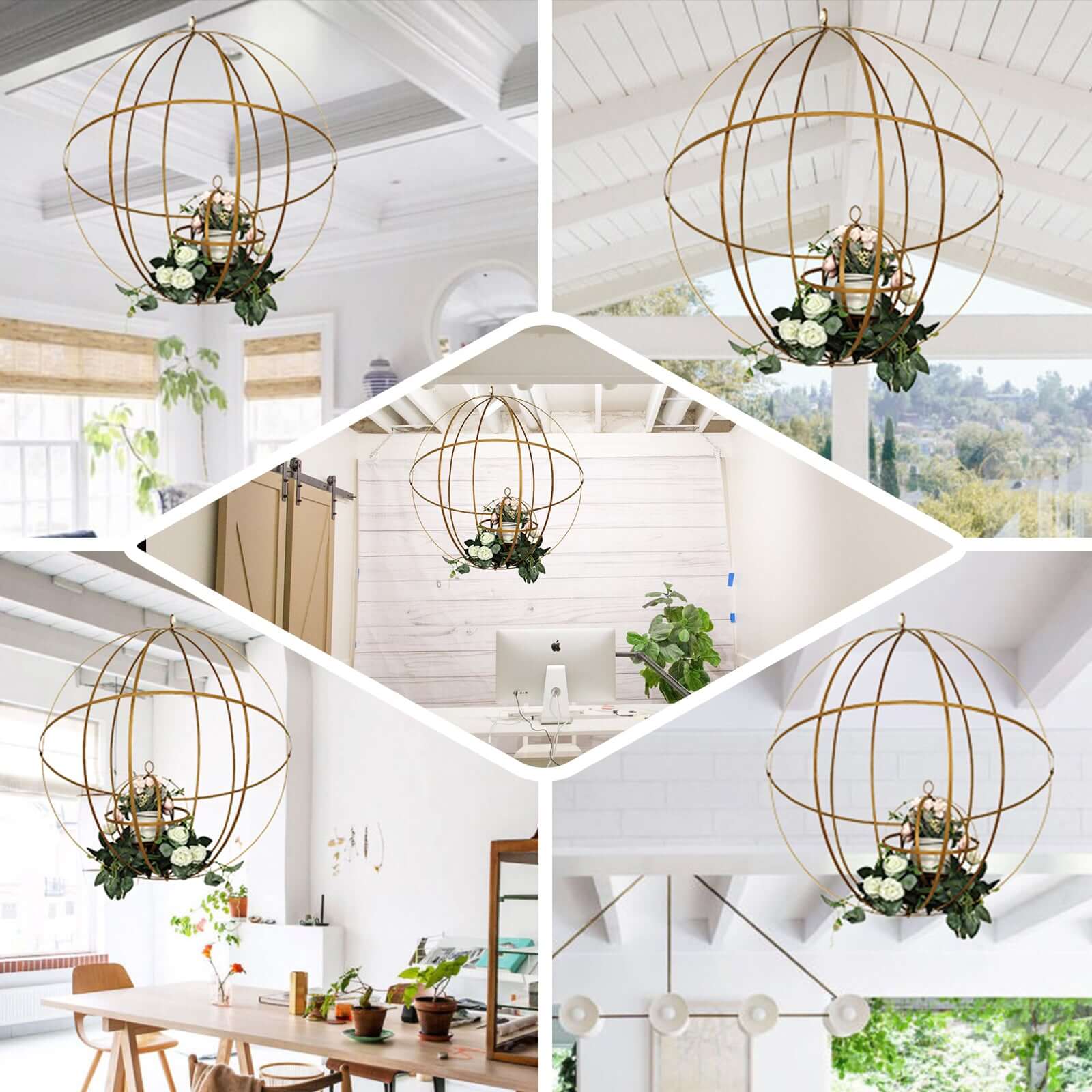 Gold Wrought Iron Candle Holder Centerpiece 24" Open Frame Hanging Sphere - Event Floral Display - Image 5