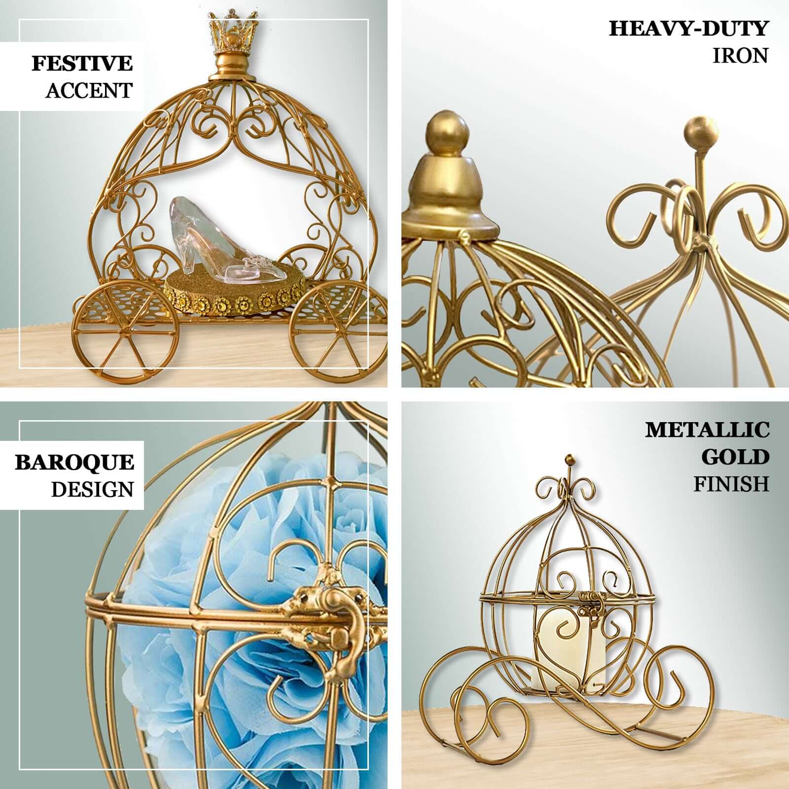 Gold Wrought Iron Table Centerpiece 11" Cinderella Pumpkin Carriage - Rustic Wedding Display - Image 4