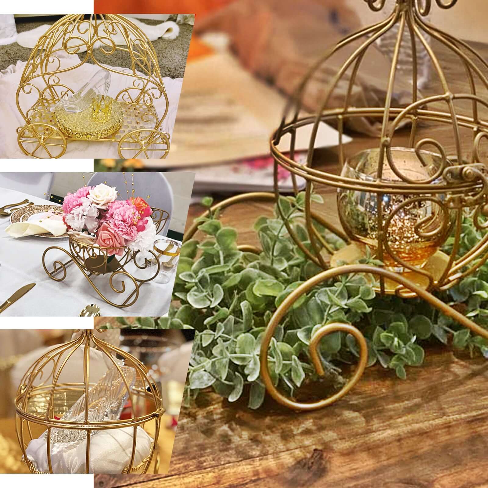 Gold Wrought Iron Table Centerpiece 11" Cinderella Pumpkin Carriage - Rustic Wedding Display - Image 5