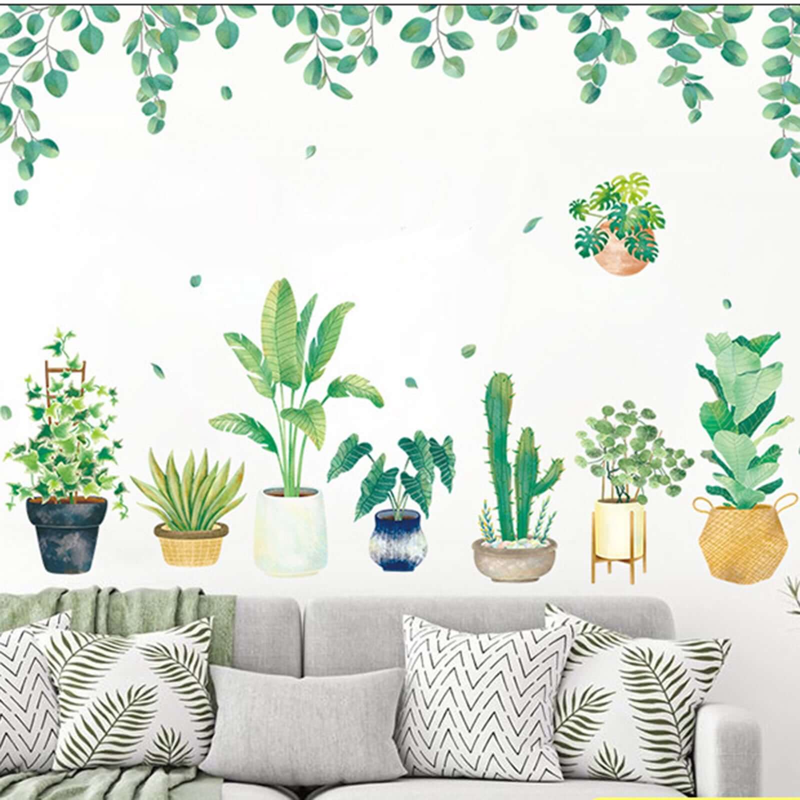 Green Tropical Potted Plants/Planters with Hanging Leaves Wall Decals, Peel and Stick Decor Stickers - Image 2