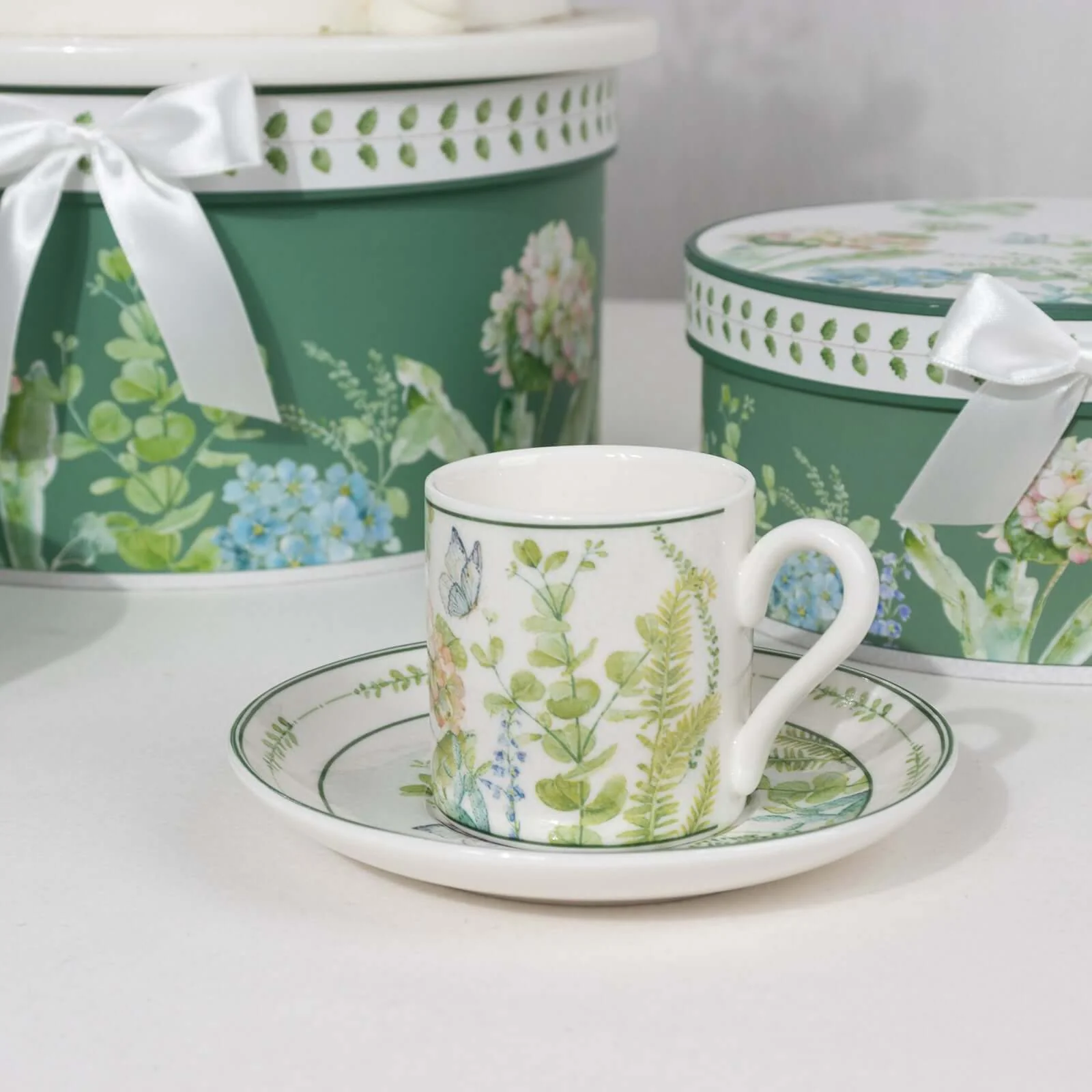 Greenery Theme Bridal Shower Gift Set, Set of 2 Porcelain Espresso Cups and Saucers with Matching Gift Box - Image 10
