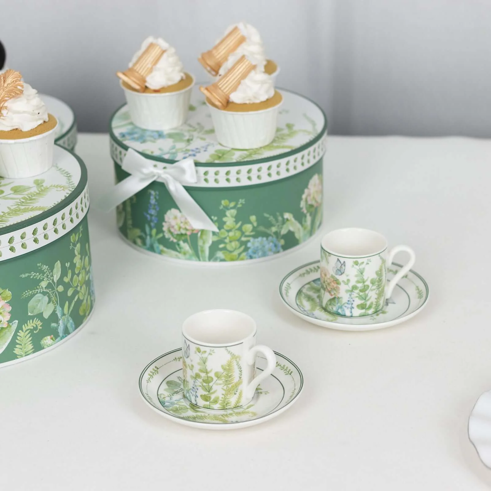 Greenery Theme Bridal Shower Gift Set, Set of 2 Porcelain Espresso Cups and Saucers with Matching Gift Box - Image 2