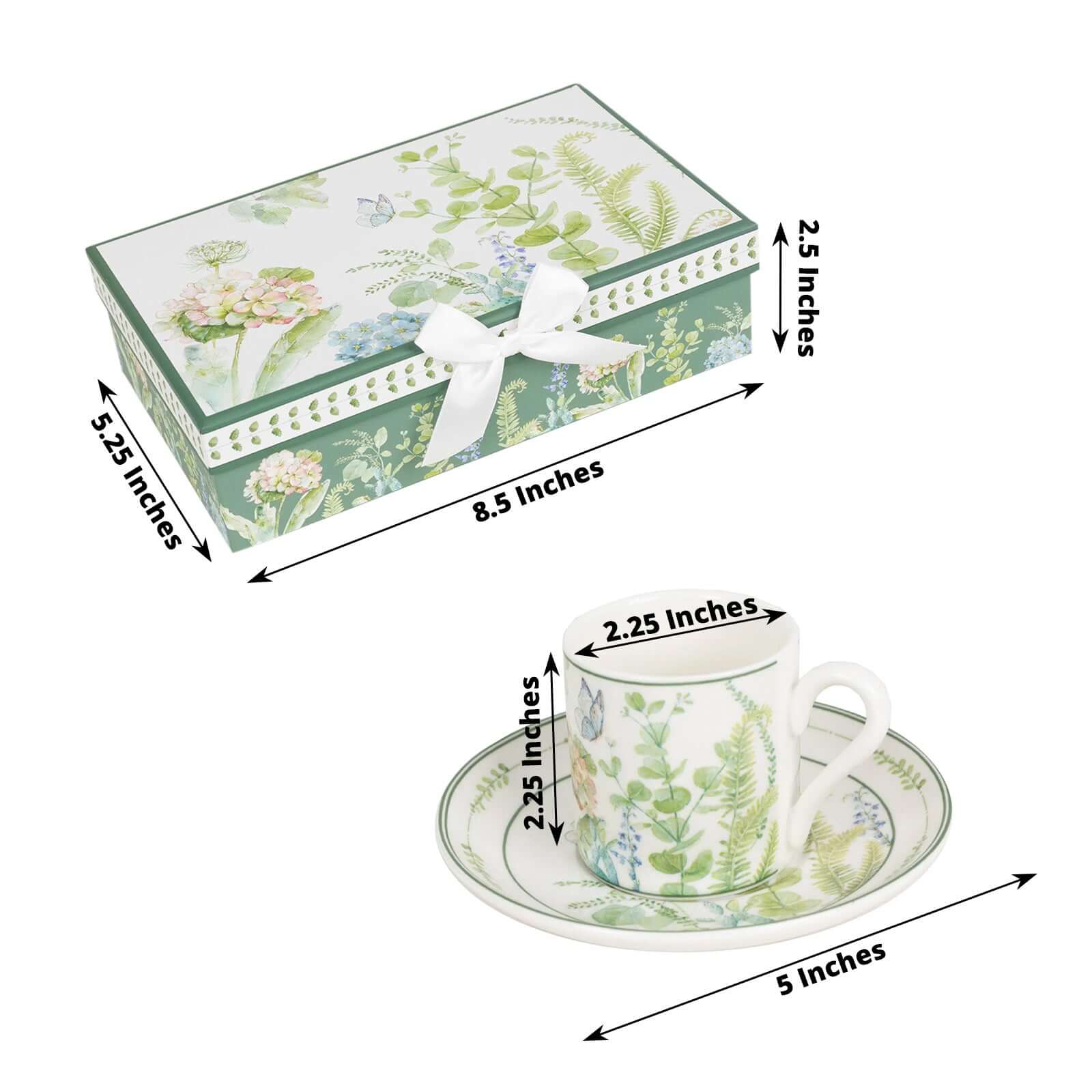 Greenery Theme Bridal Shower Gift Set, Set of 2 Porcelain Espresso Cups and Saucers with Matching Gift Box - Image 3