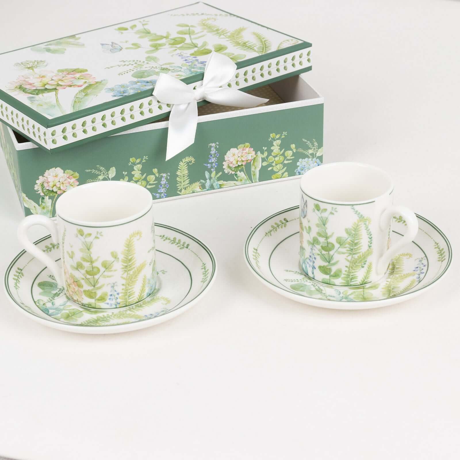 Greenery Theme Bridal Shower Gift Set, Set of 2 Porcelain Espresso Cups and Saucers with Matching Gift Box - Image 4