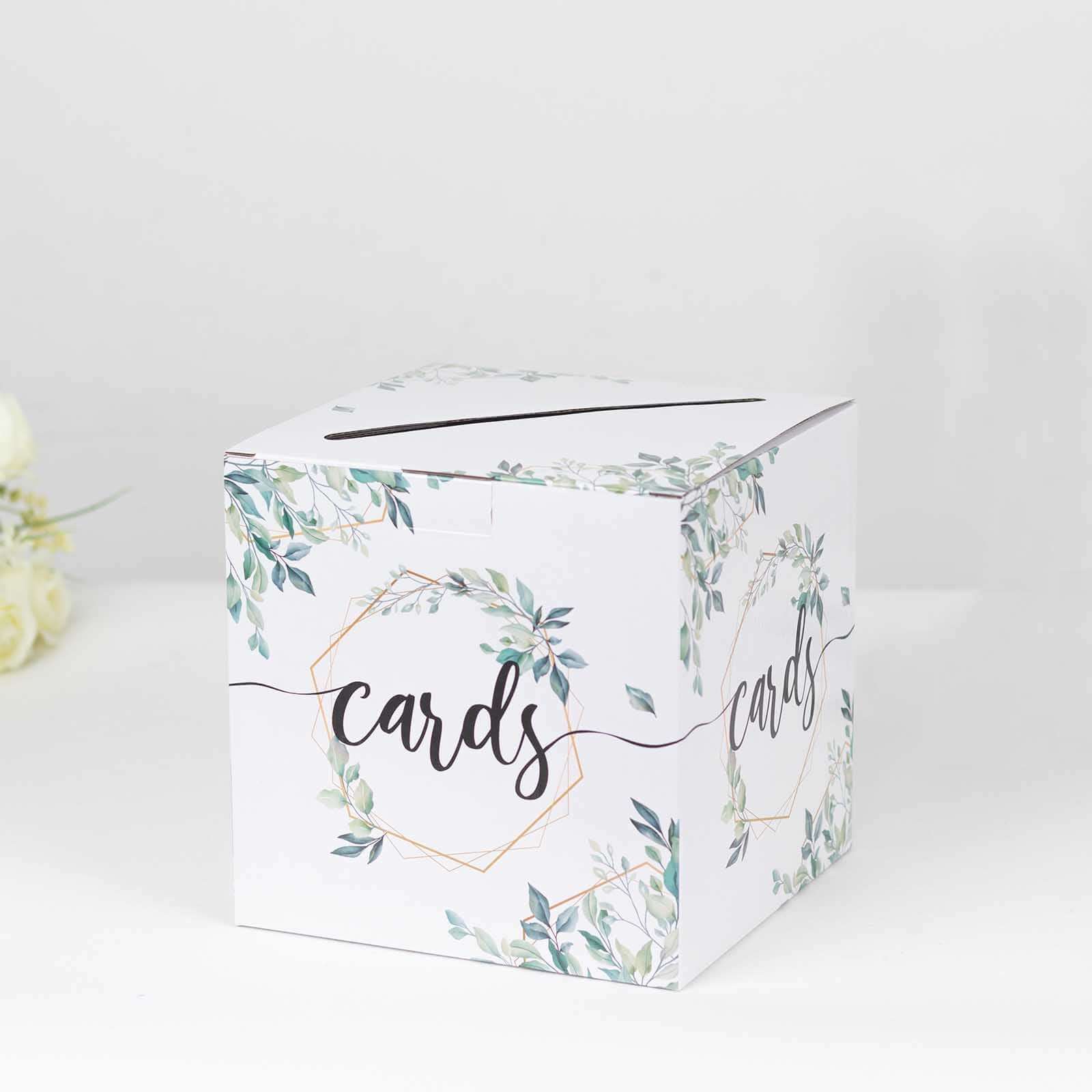 Greenery Theme White Money Card Box with Geometric Gold Foil Print, Collapsible Wedding Reception Gift Card Box - 8"x8" - Image 8