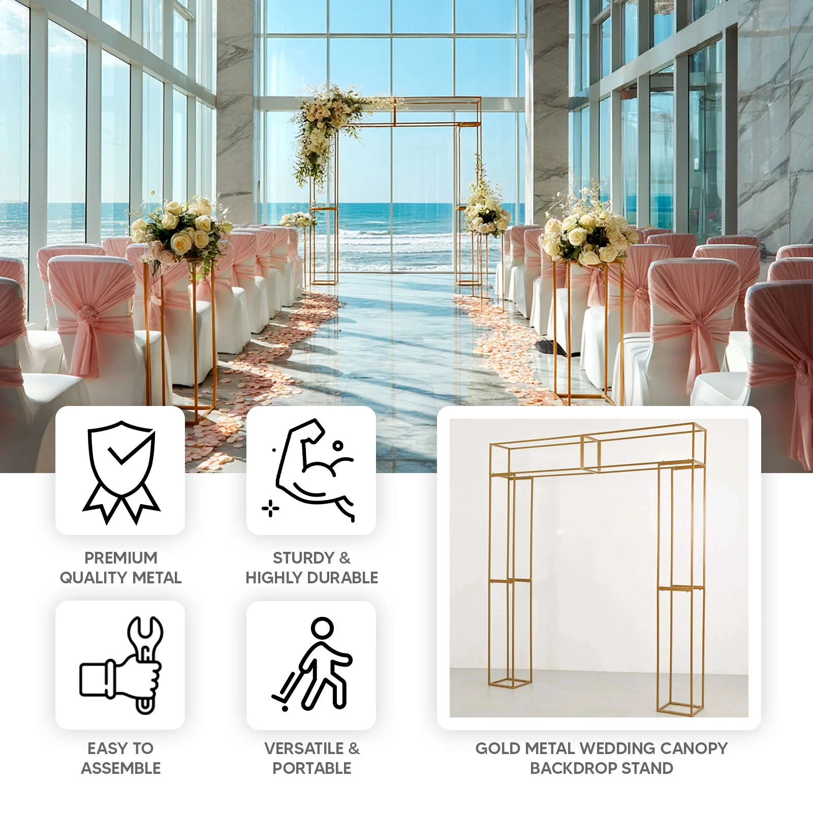 Heavy Duty Gold Metal 3D Rectangular Wedding Arch, Floral Balloon Frame Backdrop Stand - 8ft - Image 4