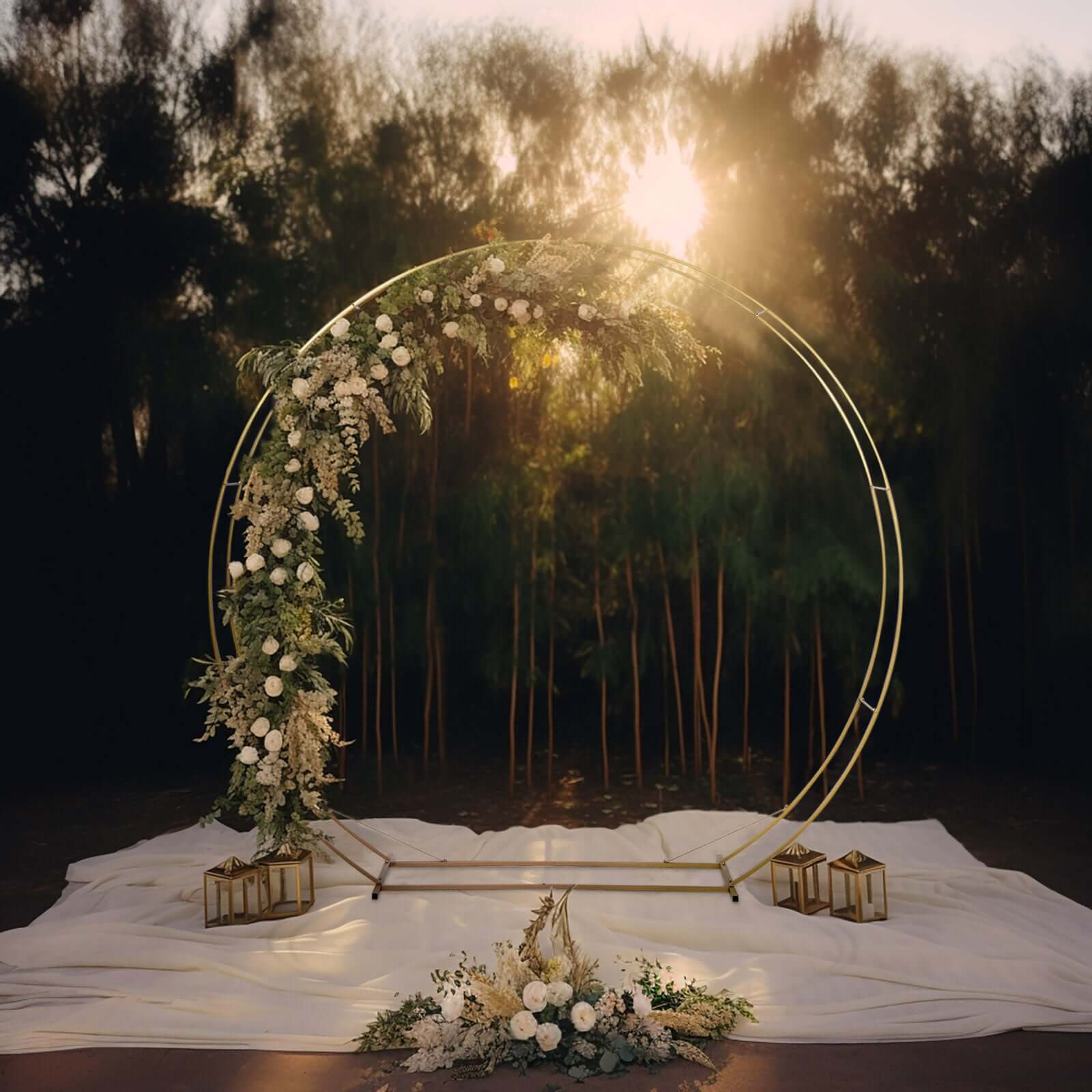 Heavy Duty Gold Metal Double Hoop Wedding Arch Photo Backdrop Stand, Round Wedding Arbor Floral Balloon Frame - 7.5ft - Image 2