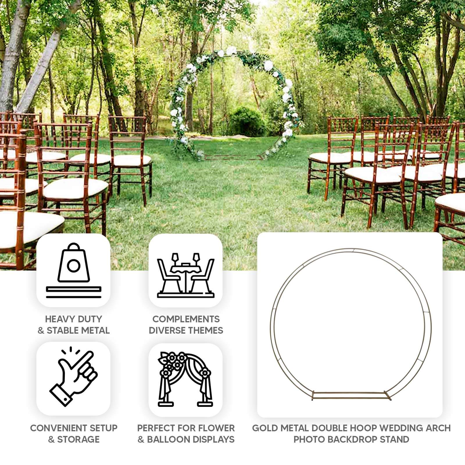 Heavy Duty Gold Metal Double Hoop Wedding Arch Photo Backdrop Stand, Round Wedding Arbor Floral Balloon Frame - 7.5ft - Image 4