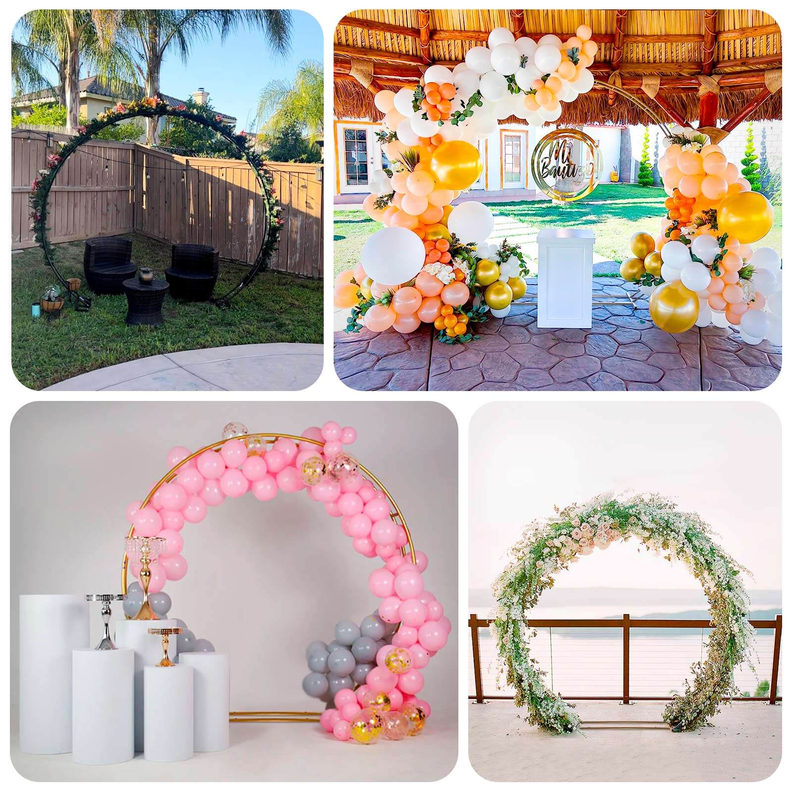 Heavy Duty Gold Metal Double Hoop Wedding Arch Photo Backdrop Stand, Round Wedding Arbor Floral Balloon Frame - 7.5ft - Image 5