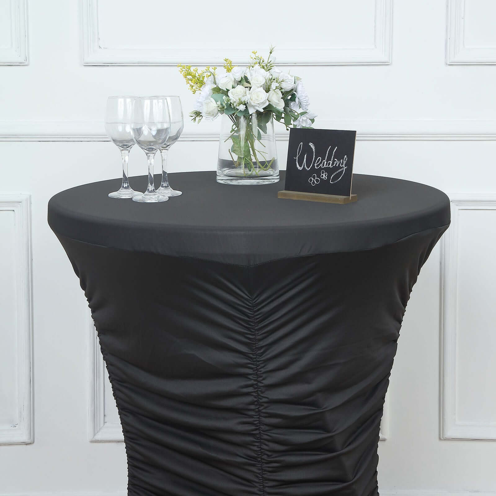 Heavy Duty Spandex Fitted Round Cocktail Table Cover 30" Black Ruched Pleated - Durable Stretch Tablecloth - Image 2