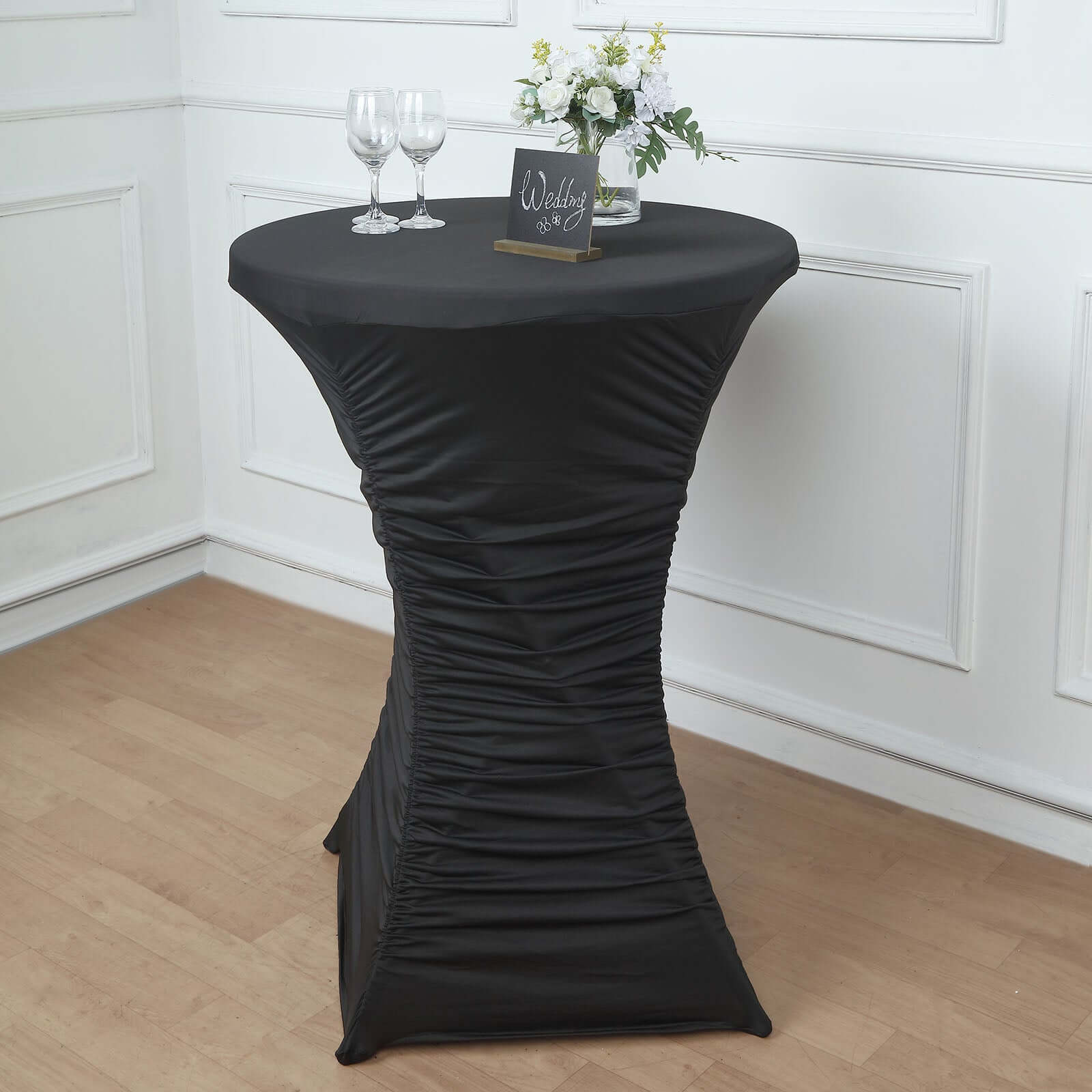 Heavy Duty Spandex Fitted Round Cocktail Table Cover 30" Black Ruched Pleated - Durable Stretch Tablecloth - Image 3