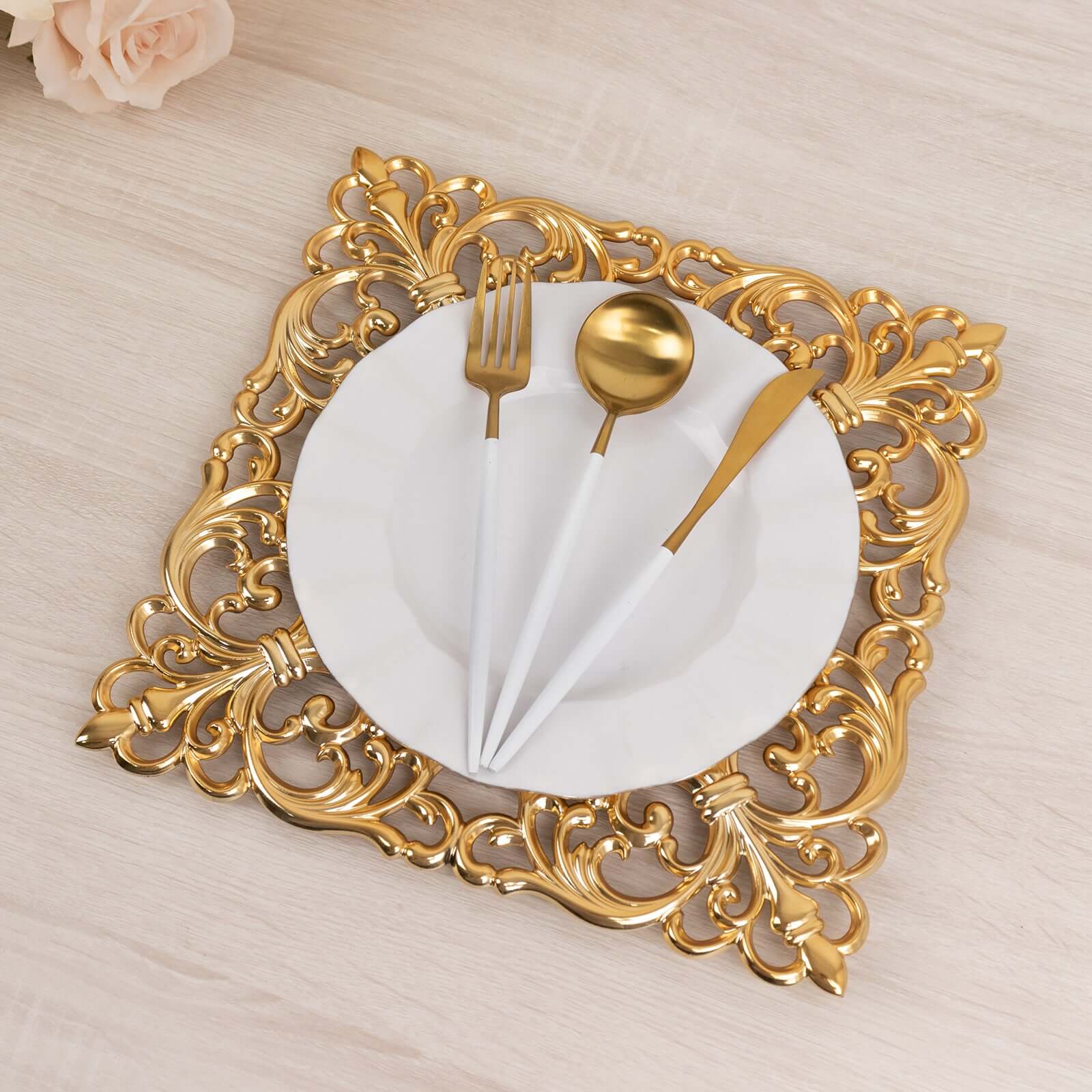 6-Pack Acrylic Charger Plates 12" Square Gold with Hollow Lace Border - Event Tabletop Decorative Charger Tableware - Image 2