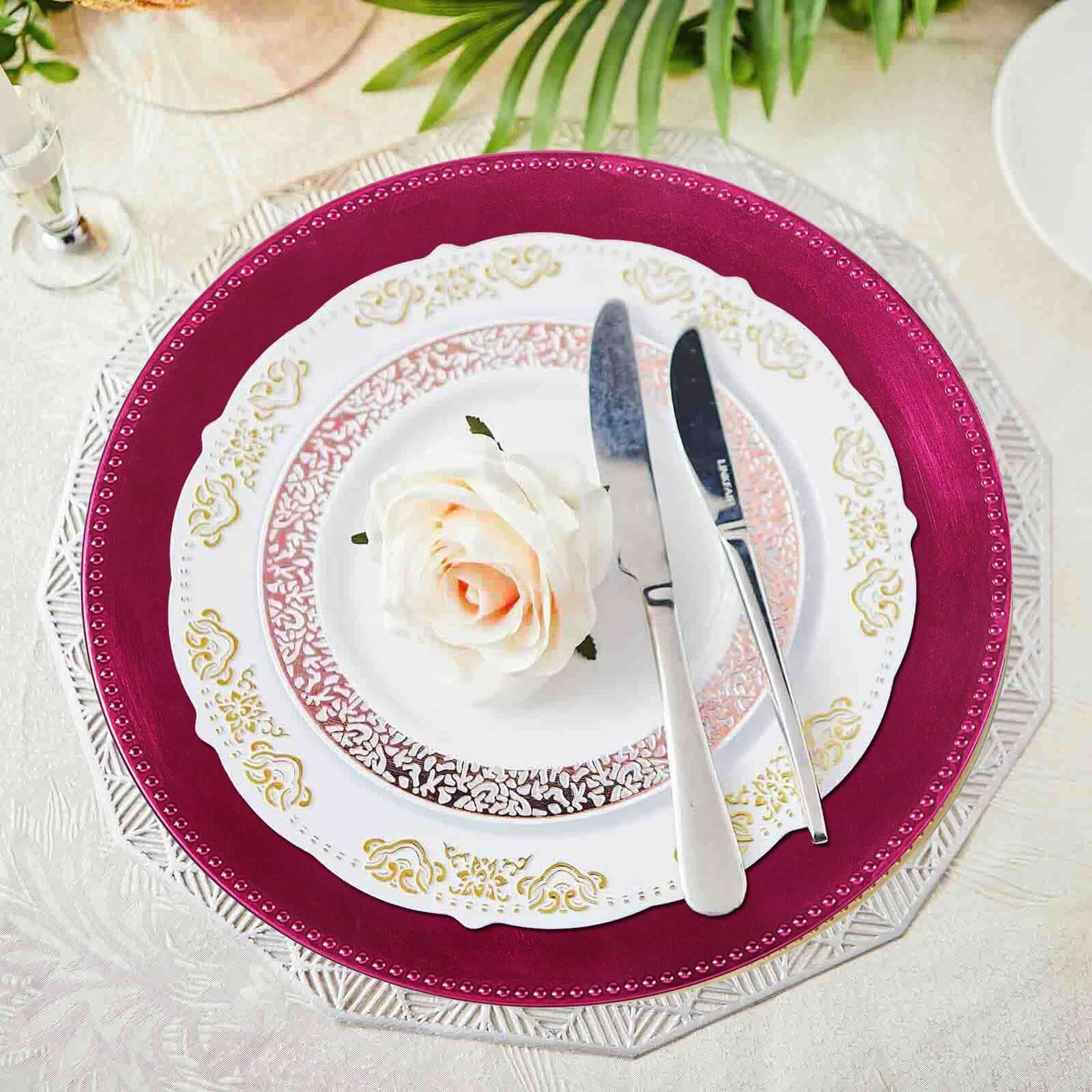 6-Pack Acrylic Charger Plates 13" Round Hot Pink Beaded Rim - Dinner Charger Tabletop Decor - Image 2