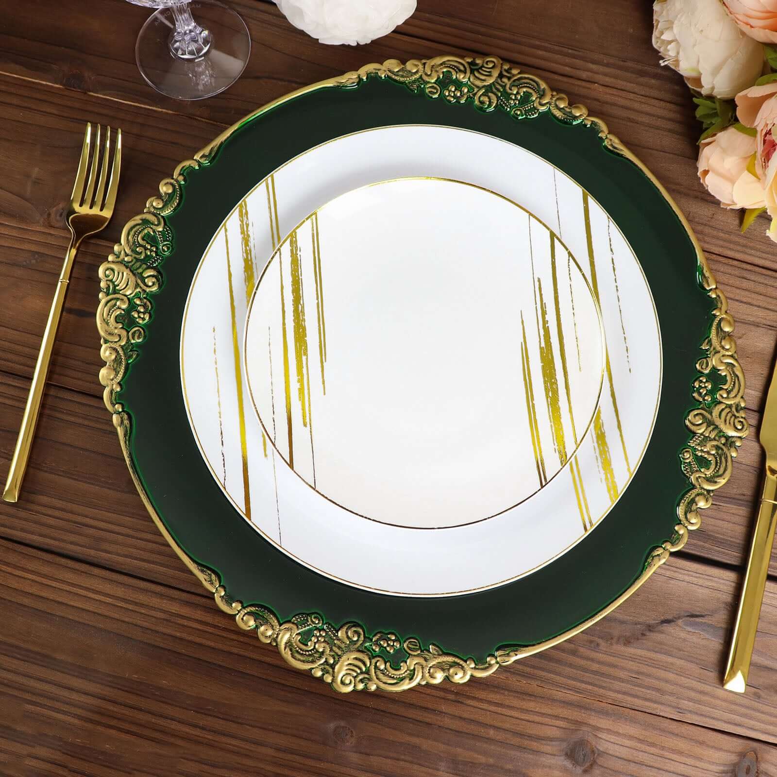 6-Pack Acrylic Charger Plates 13" Round Hunter Emerald Green with Gold Embossed Baroque Rim - Antique Decorative Dinner Tableware - Image 7