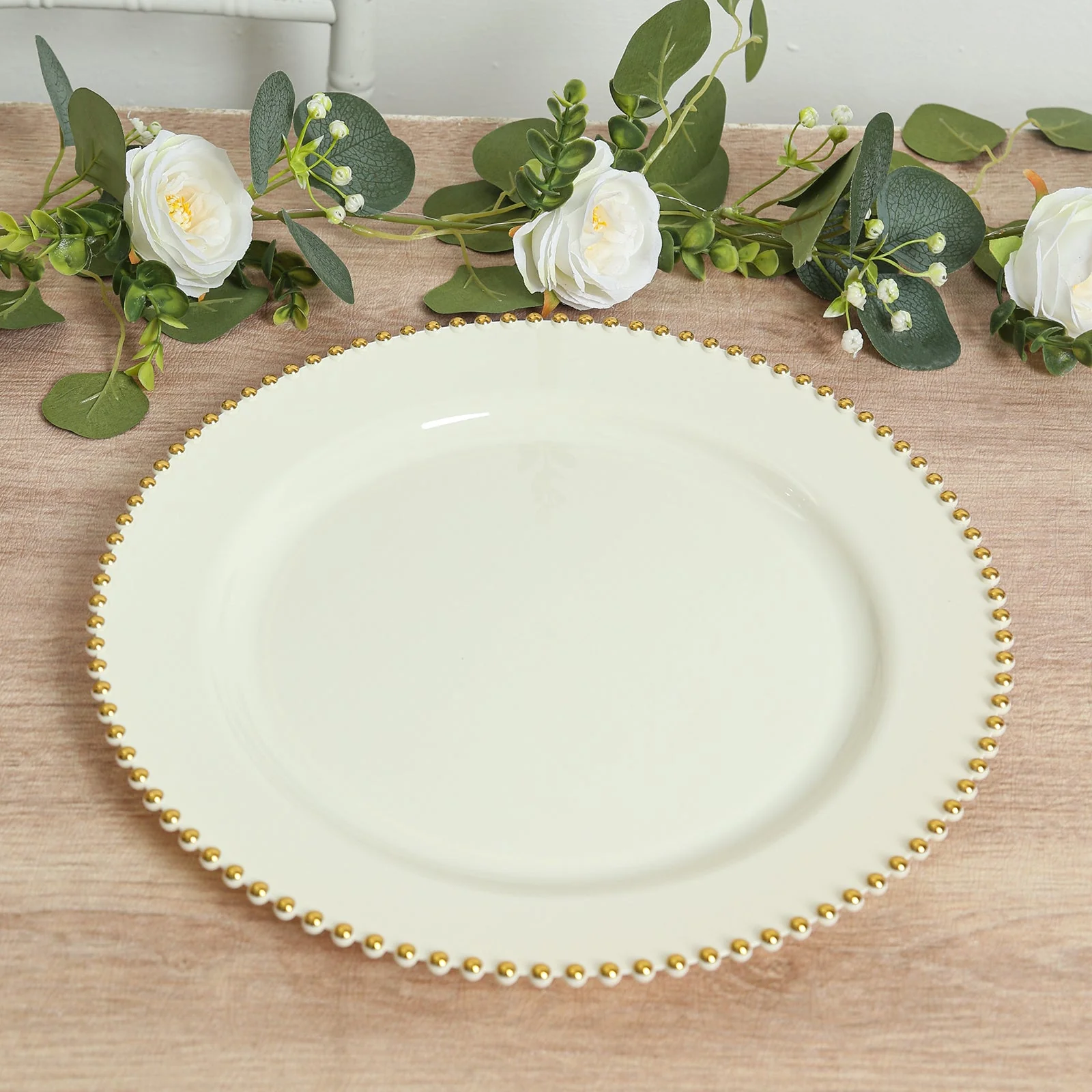10-Pack Economy Plastic Charger Plates 13" Round Ivory with Gold Beaded Rim - Stylish Dinner Party Serving Plates