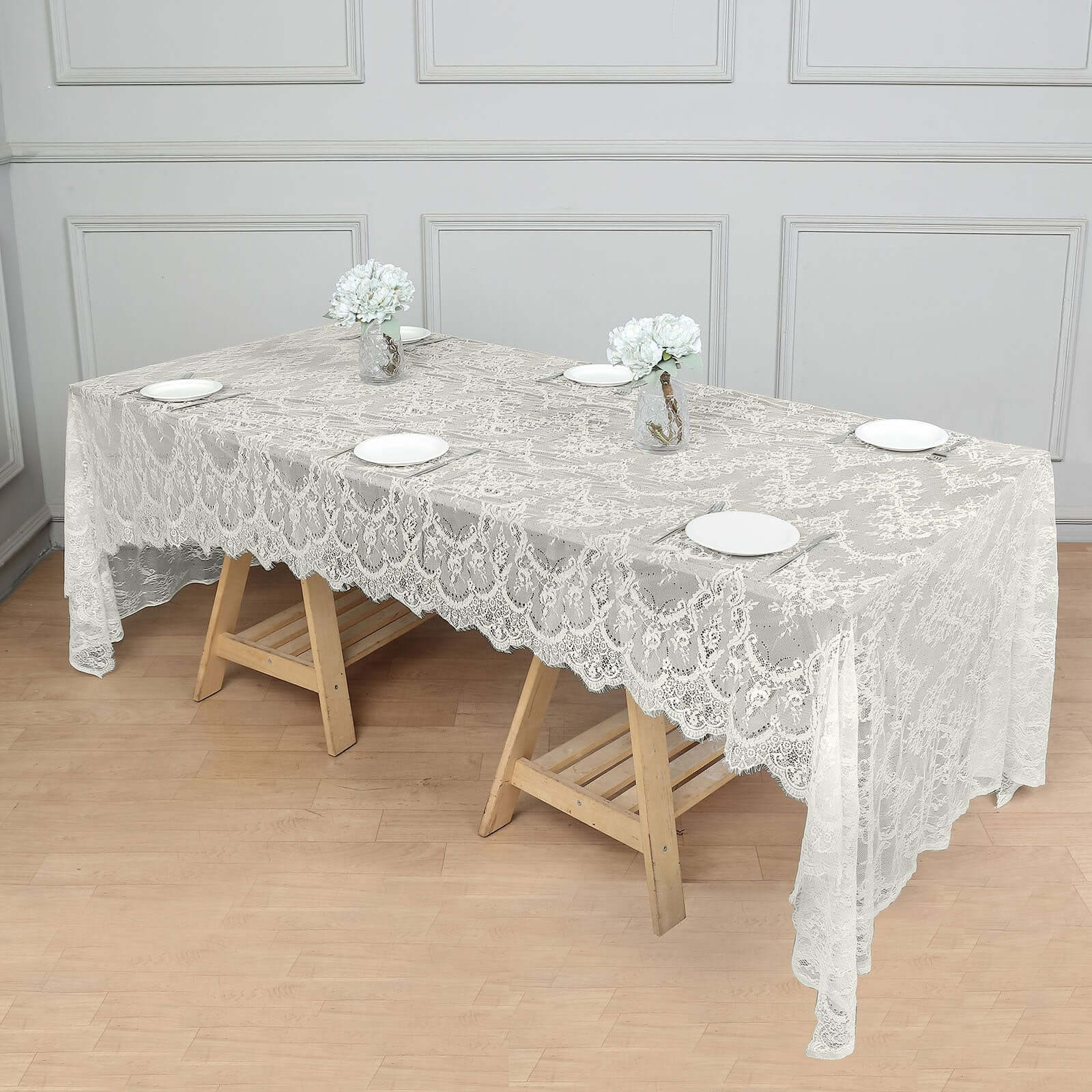 Lace Rectangle Tablecloth 60"x120" Ivory with Scalloped Frill Edges - Vintage Design Table Cover - Image 2
