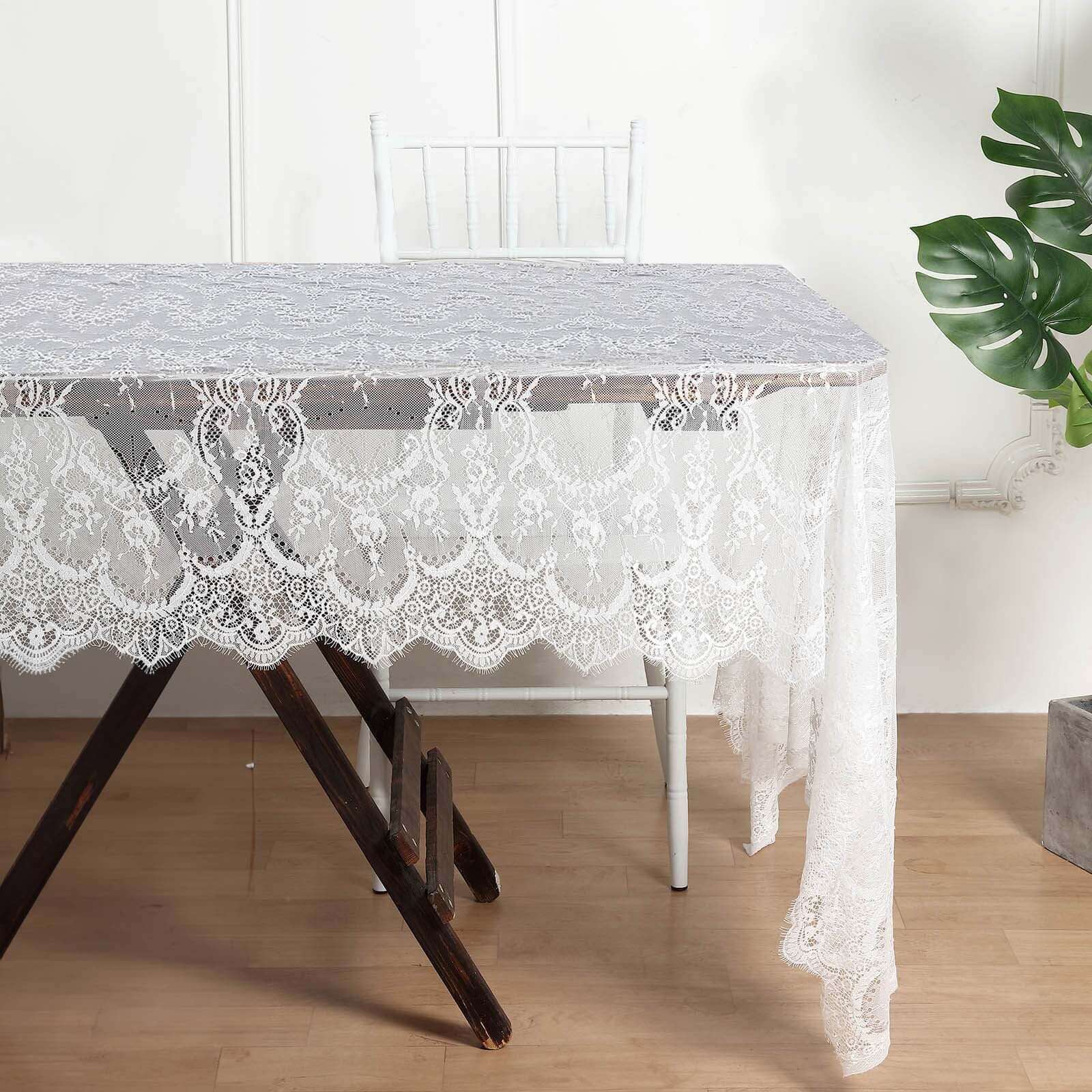 Lace Rectangle Tablecloth 60"x120" White with Scalloped Frill Edges - Vintage Design for Stylish Table Settings