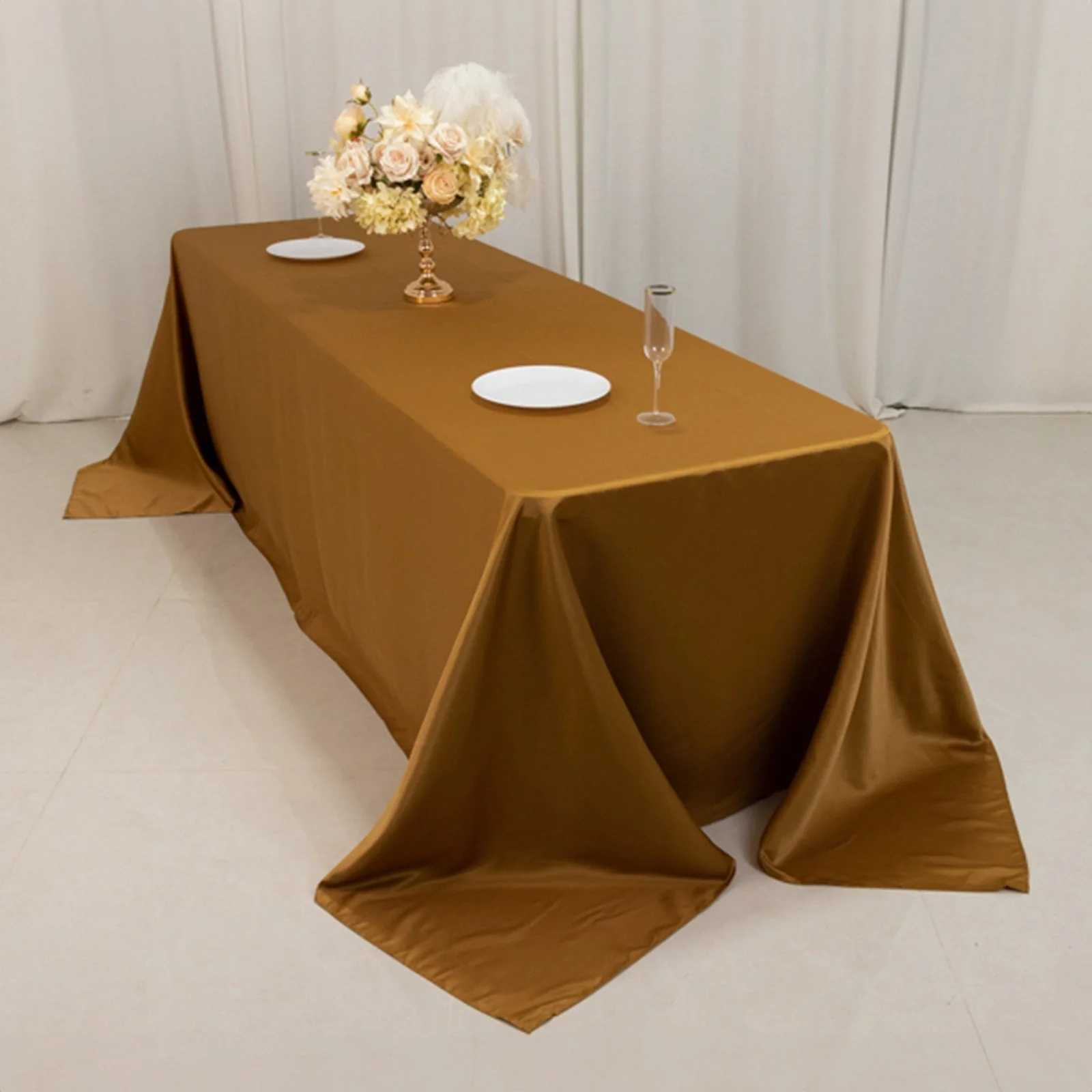Lamour Satin Rectangle Tablecloth 90"x156" Gold - Soft Sheen Seamless Table Cover for Casual or Formal Events - Image 6