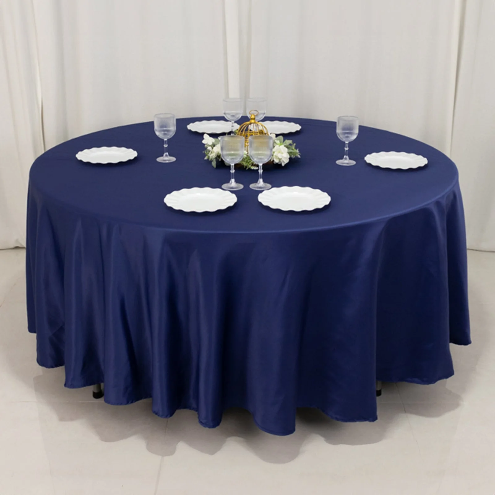 Lamour Satin Round Tablecloth 108" Navy Blue - Soft Tempered Sheen Table Cover - Image 6