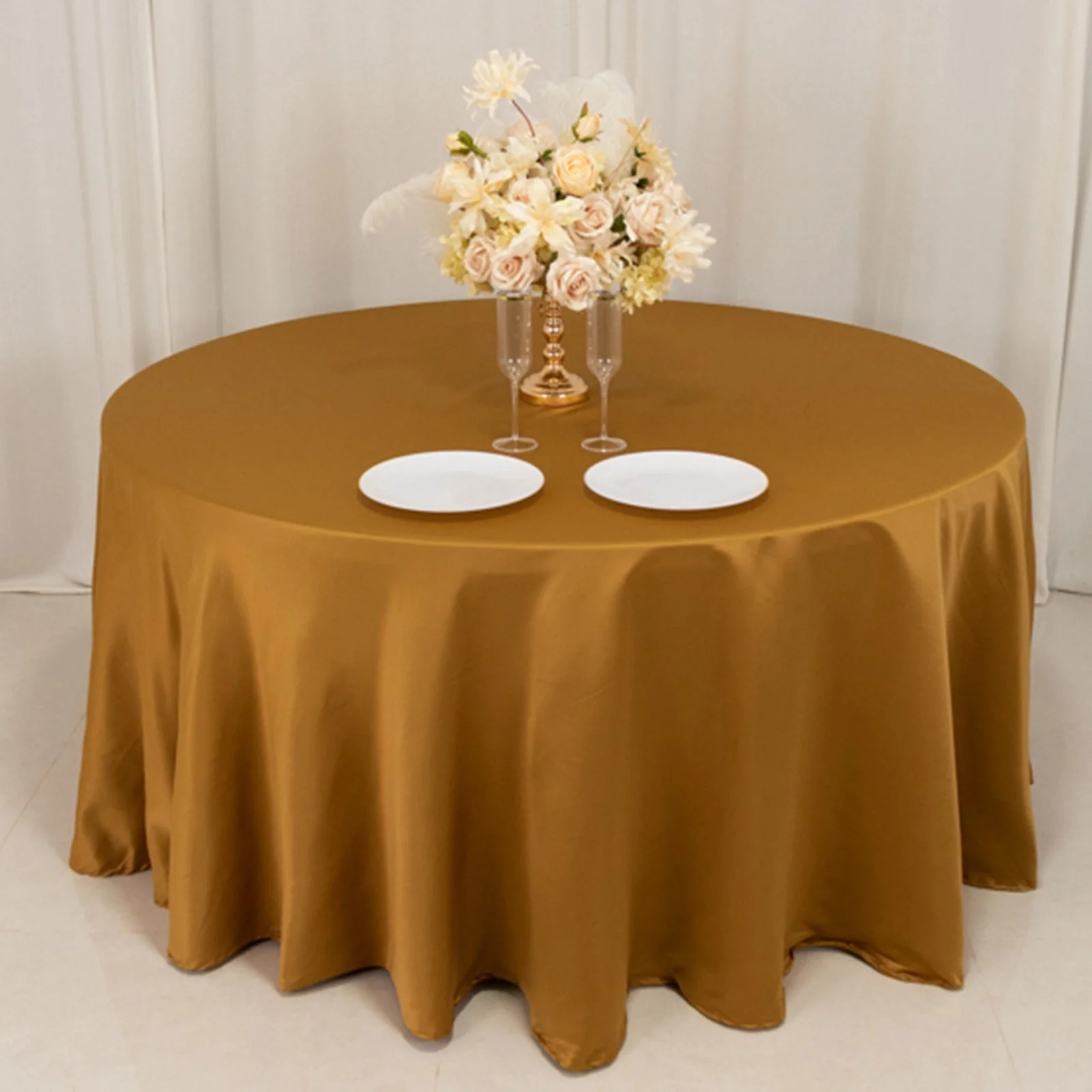 Lamour Satin Round Tablecloth 120" Gold - Silk-Like Seamless Table Cover for Exquisite Weddings - Image 7