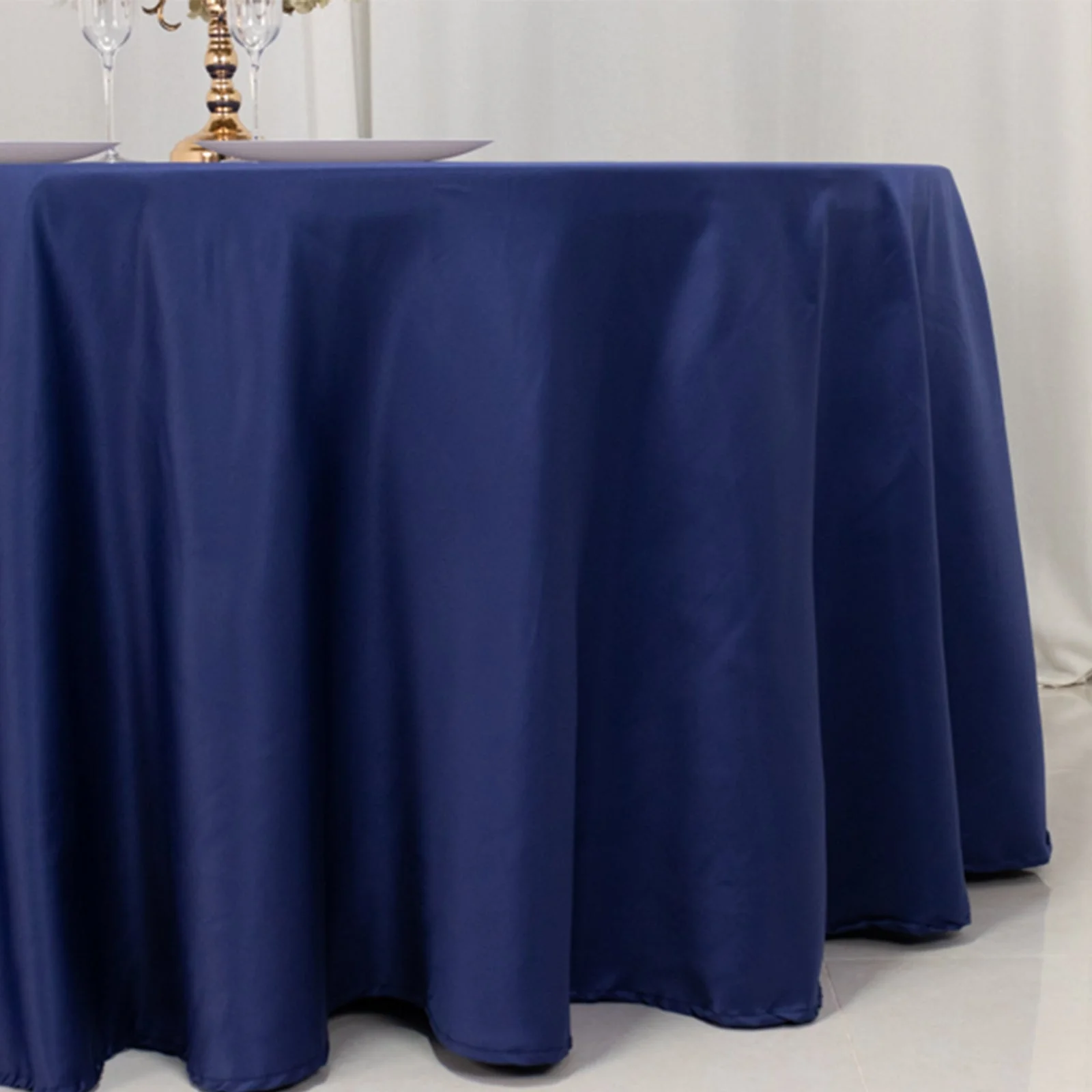 Lamour Satin Round Tablecloth 120" Navy Blue - Seamless Table Cover - Image 2