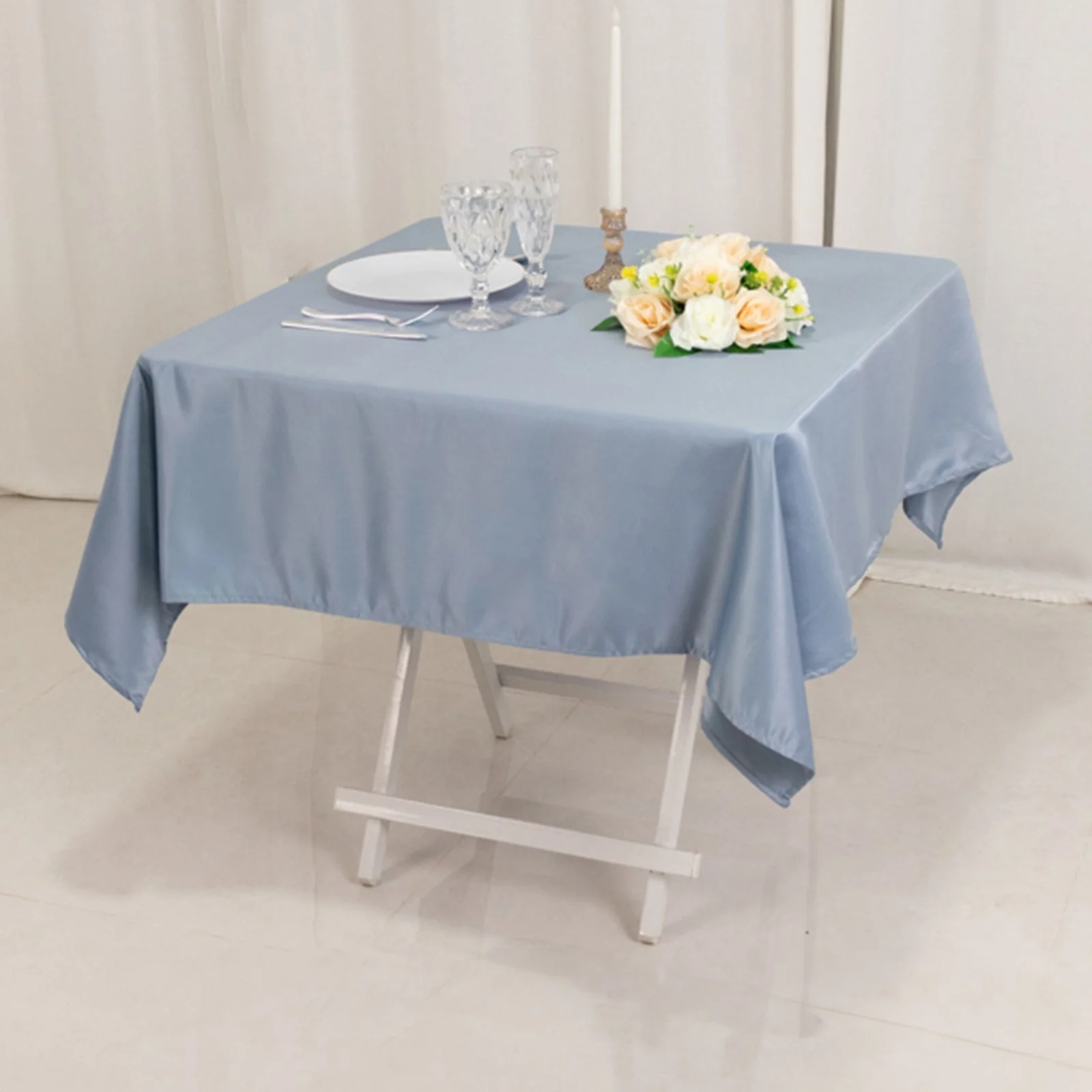 Lamour Satin Square Table Overlay 54"x54" Dusty Blue - Soft Tempered Sheen Table Topper - Image 2