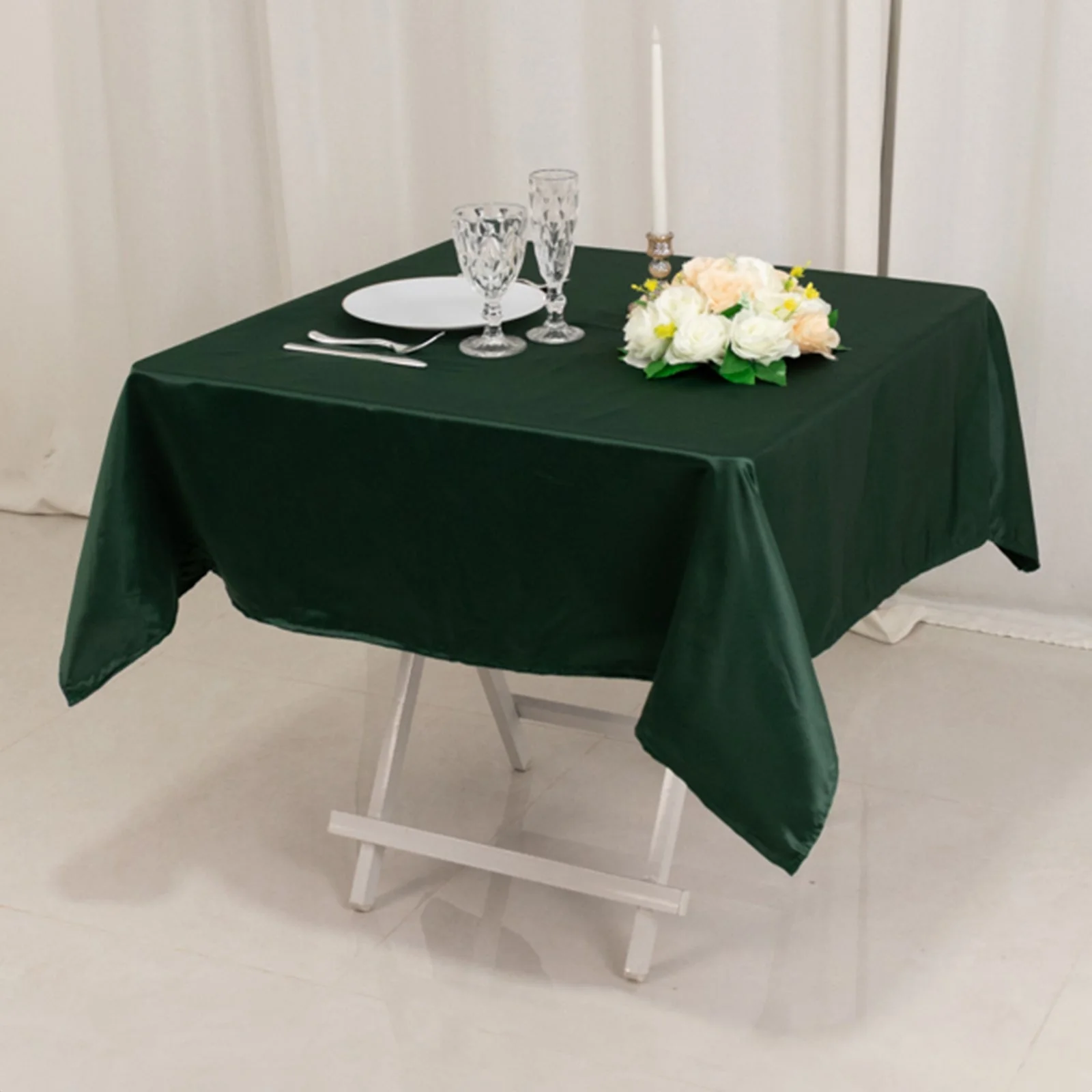 Lamour Satin Square Table Overlay 54"x54" Hunter Emerald Green - Soft Tempered Sheen Table Topper - Image 2
