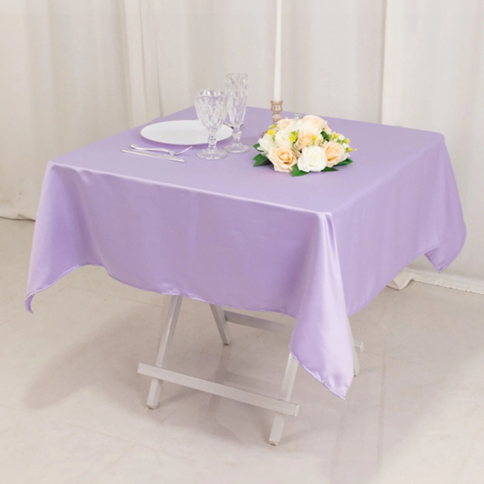 Lamour Satin Square Table Overlay 54"x54" Lavender Lilac - Soft Tempered Sheen Table Topper - Image 2