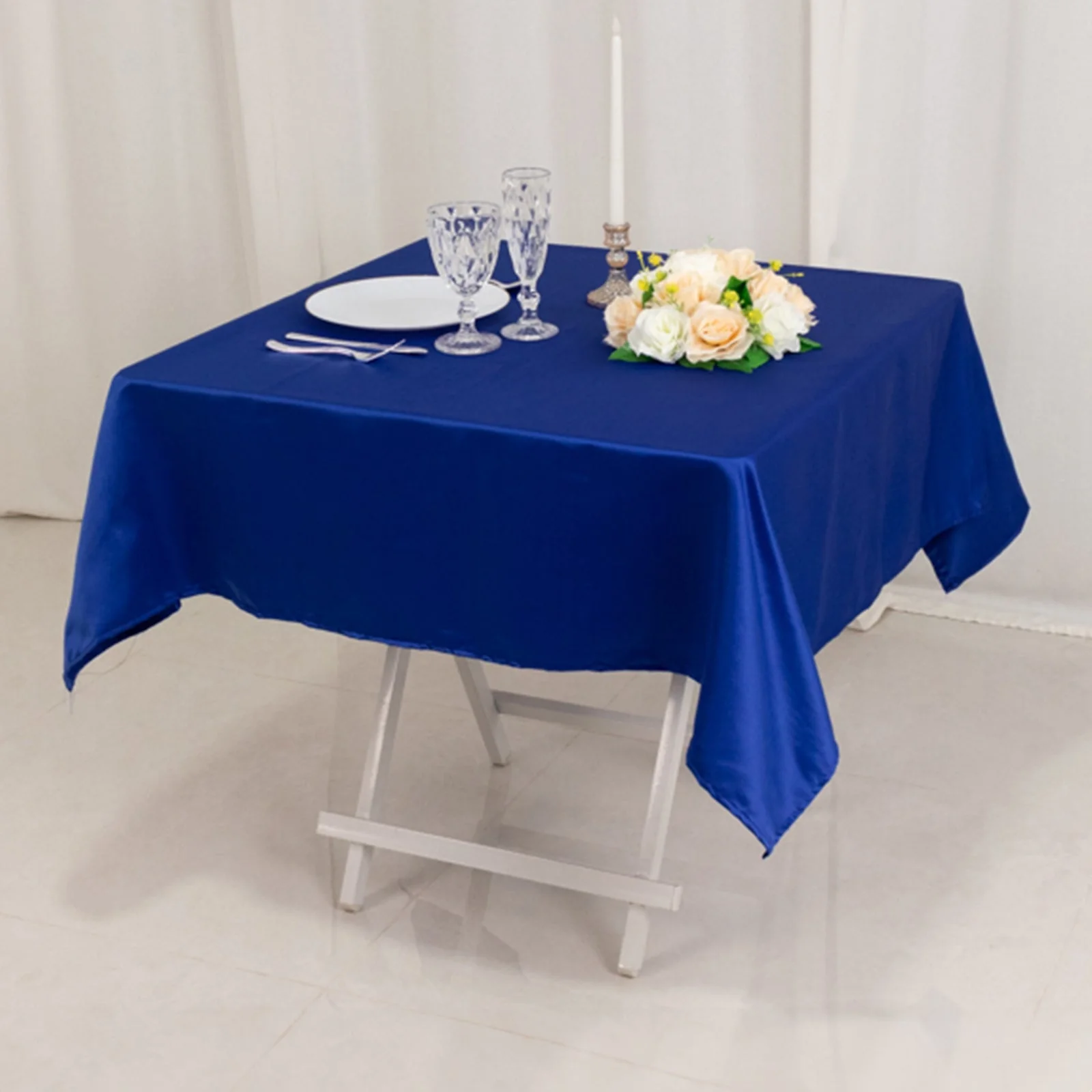 Lamour Satin Square Table Overlay 54"x54" Royal Blue - Soft Tempered Sheen Table Topper - Image 2