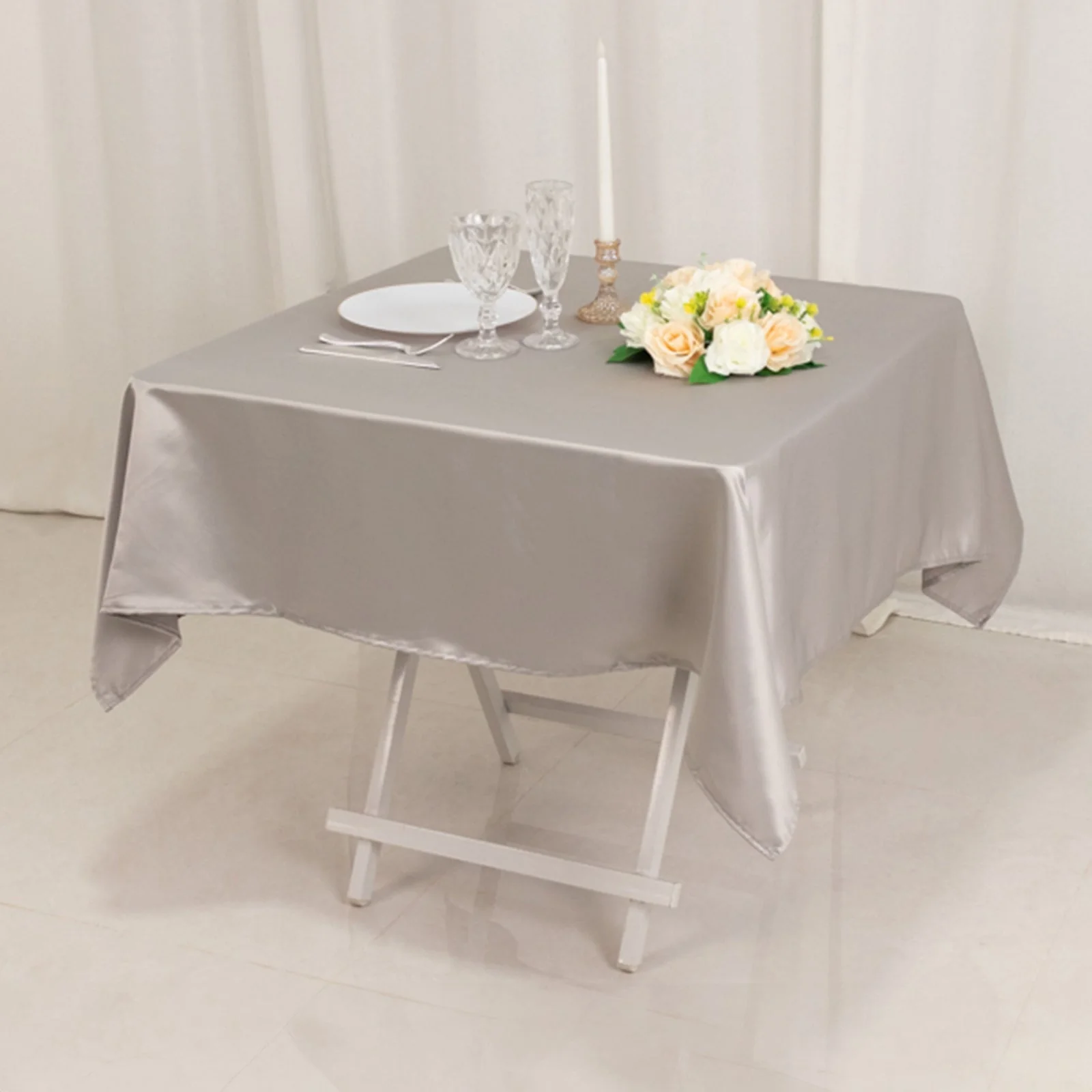 Lamour Satin Square Table Overlay 54"x54" Silver - Soft Tempered Sheen Table Topper - Image 2