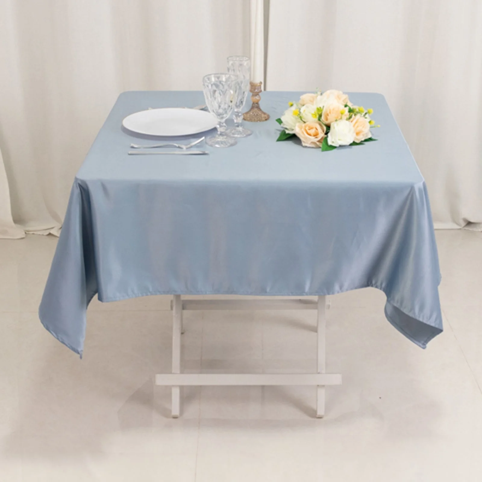 Lamour Satin Square Tablecloth 54"x54" Dusty Blue - Classy Silk-Like Table Cover - Image 2