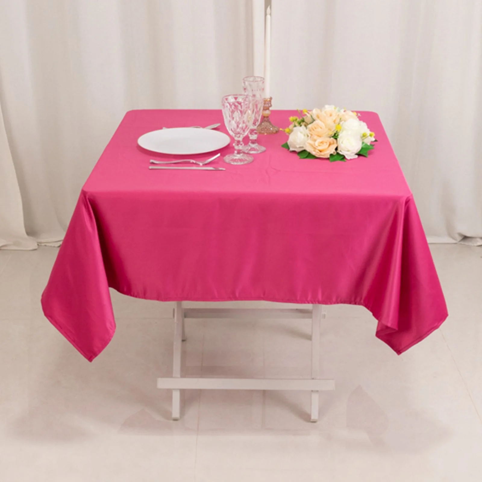 Lamour Satin Square Tablecloth 54"x54" Fuchsia - Classy Silk-Like Table Cover - Image 2