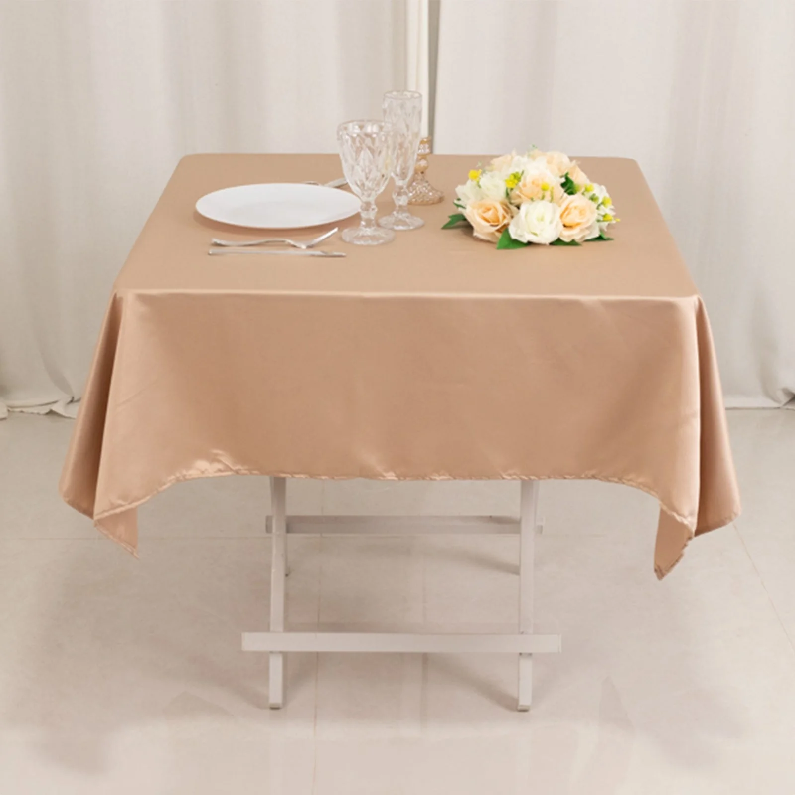 Lamour Satin Square Tablecloth 54"x54" Nude - Classy Silk-Like Table Cover - Image 2
