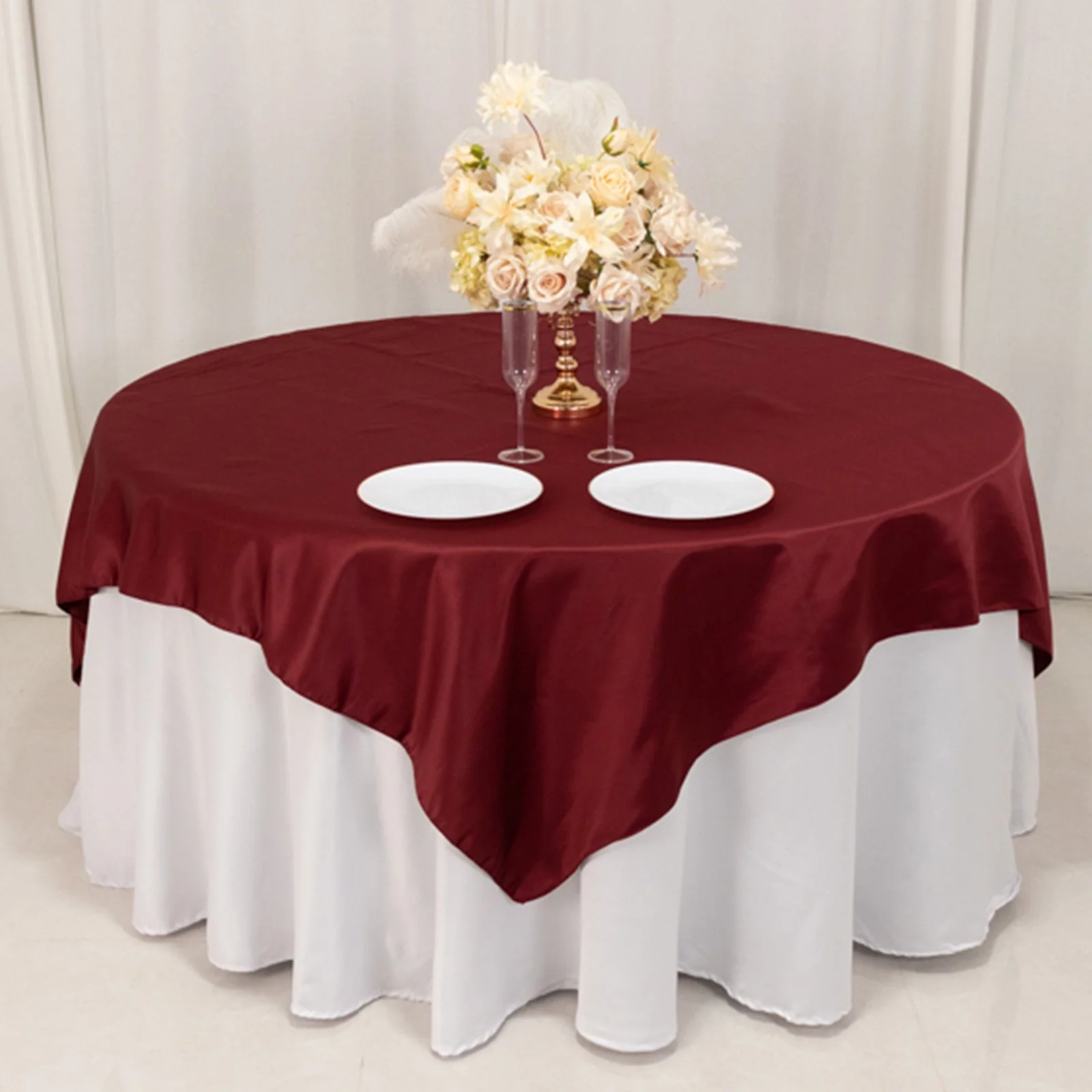 Lamour Satin Table Overlay 72"x72" Burgundy with Smooth Finish - Image 4