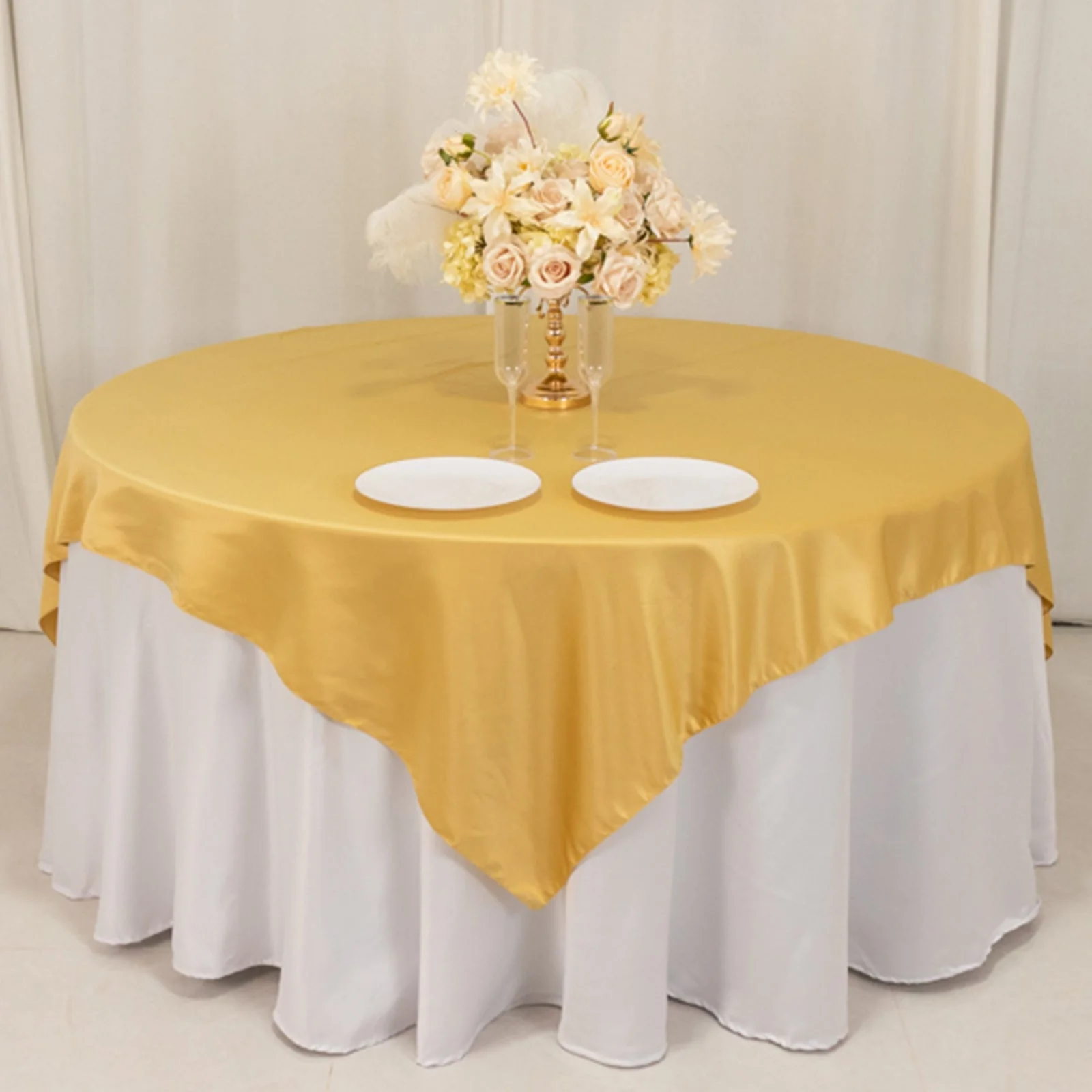 Lamour Satin Table Overlay 72"x72" Champagne with Smooth Finish - Image 3