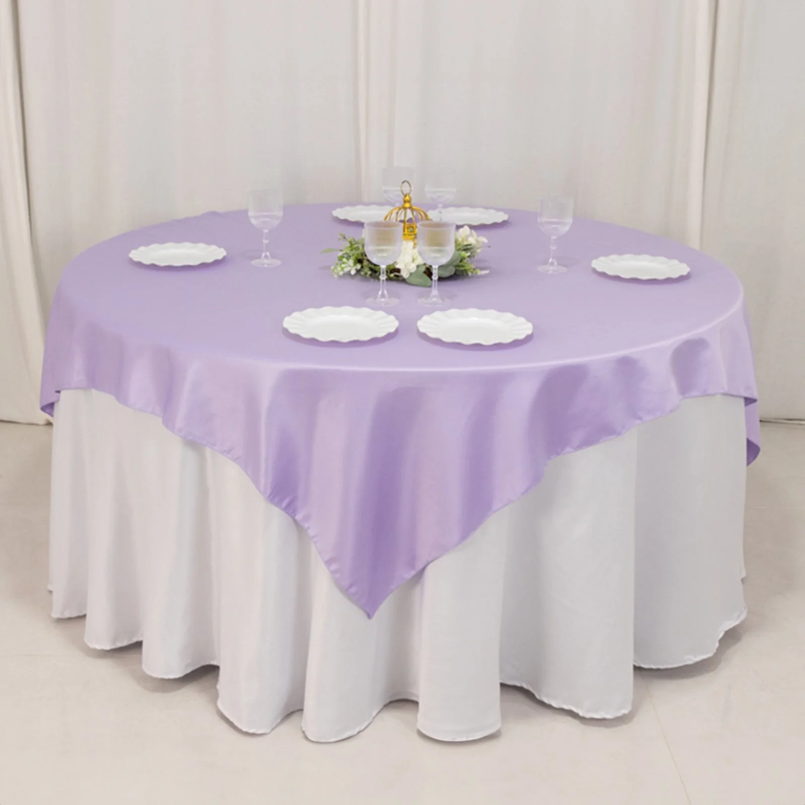 Lamour Satin Table Overlay 72"x72" Lavender Lilac with Smooth Finish - Image 5