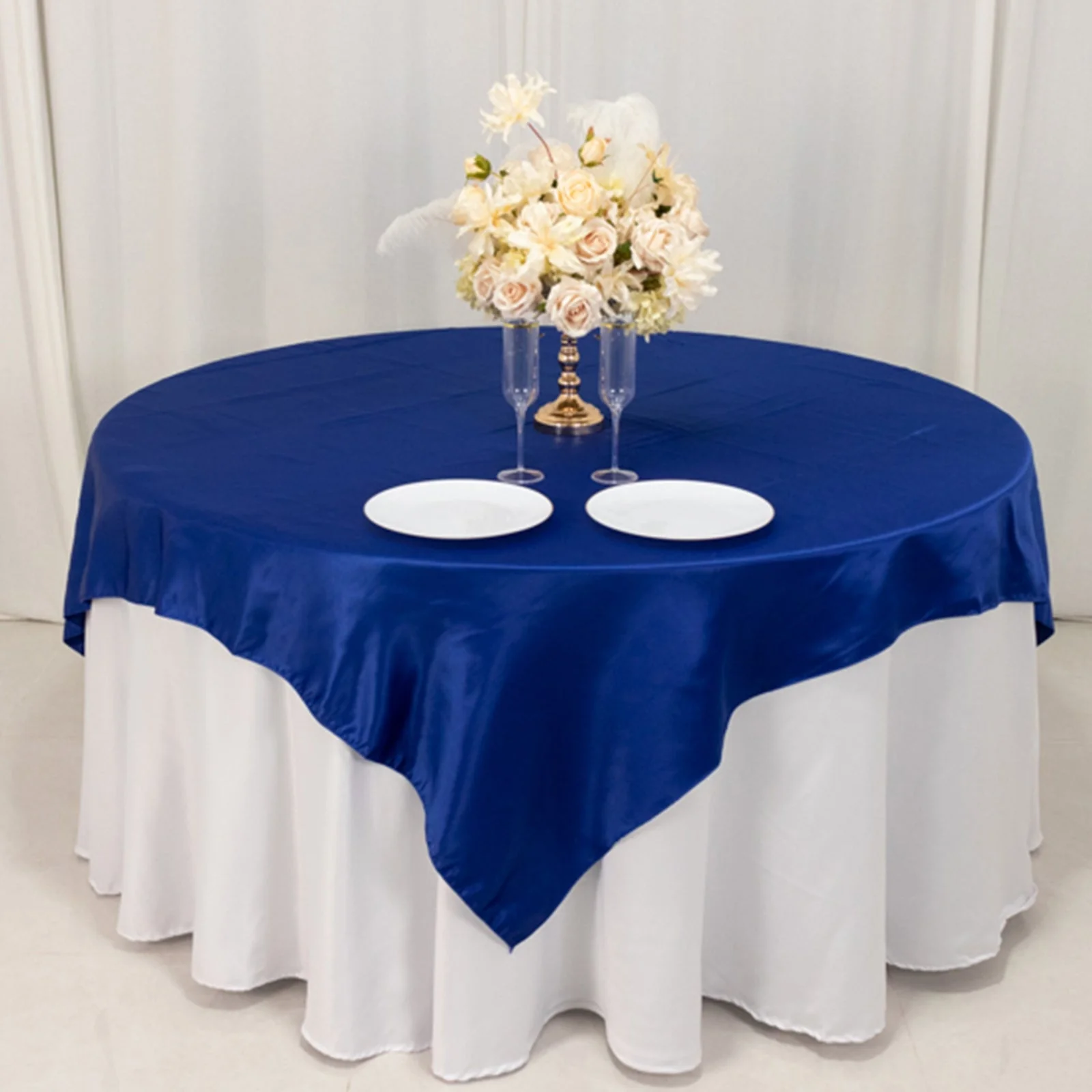 Lamour Satin Table Overlay 72"x72" Royal Blue with Smooth Finish - Image 4