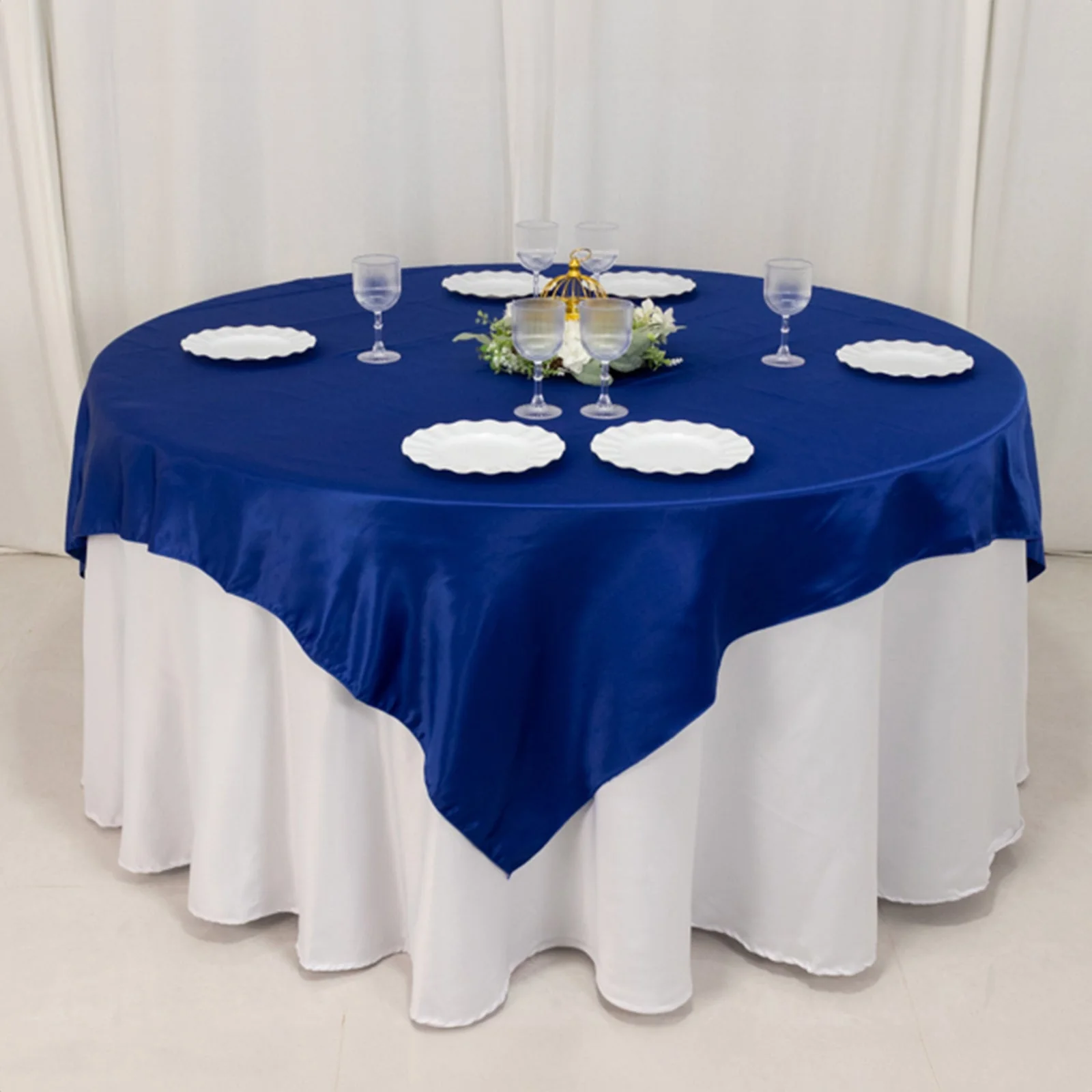 Lamour Satin Table Overlay 72"x72" Royal Blue with Smooth Finish - Image 5
