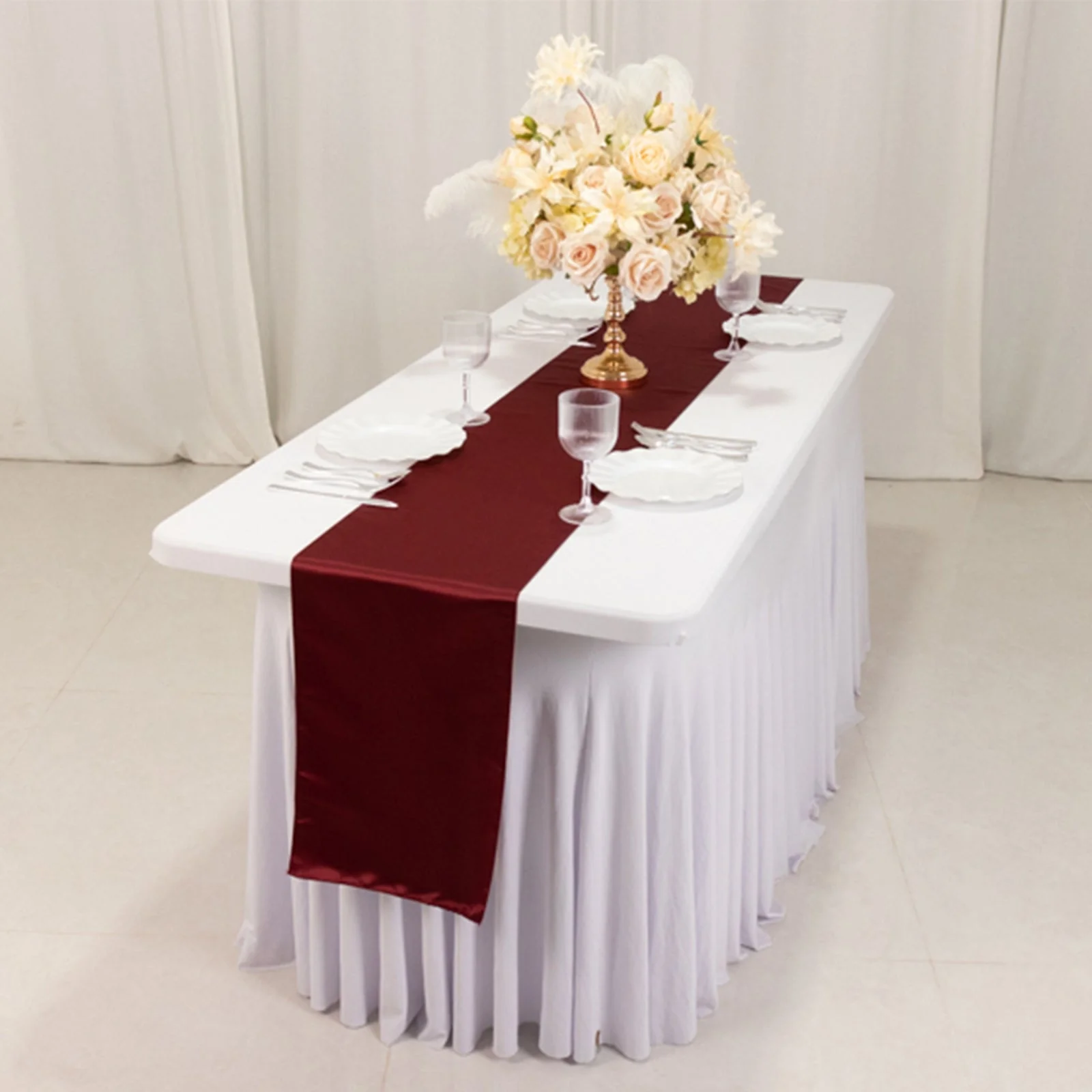 Lamour Satin Table Runner 12"x108" Burgundy - Lustrous Wedding Decor - Image 2