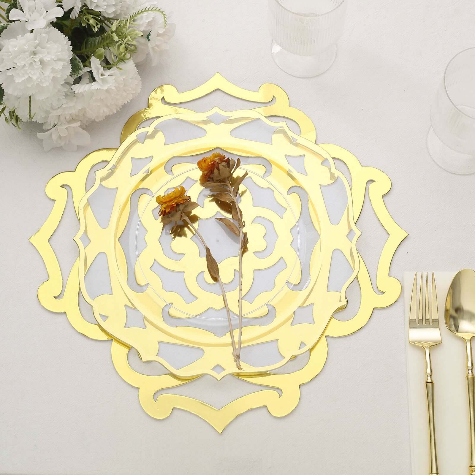 6-Pack Disposable Table Placemats 13" Metallic Gold Laser Cut Flower Design - 700GSM Cardboard Placemats for Upscale Occasions - Image 5