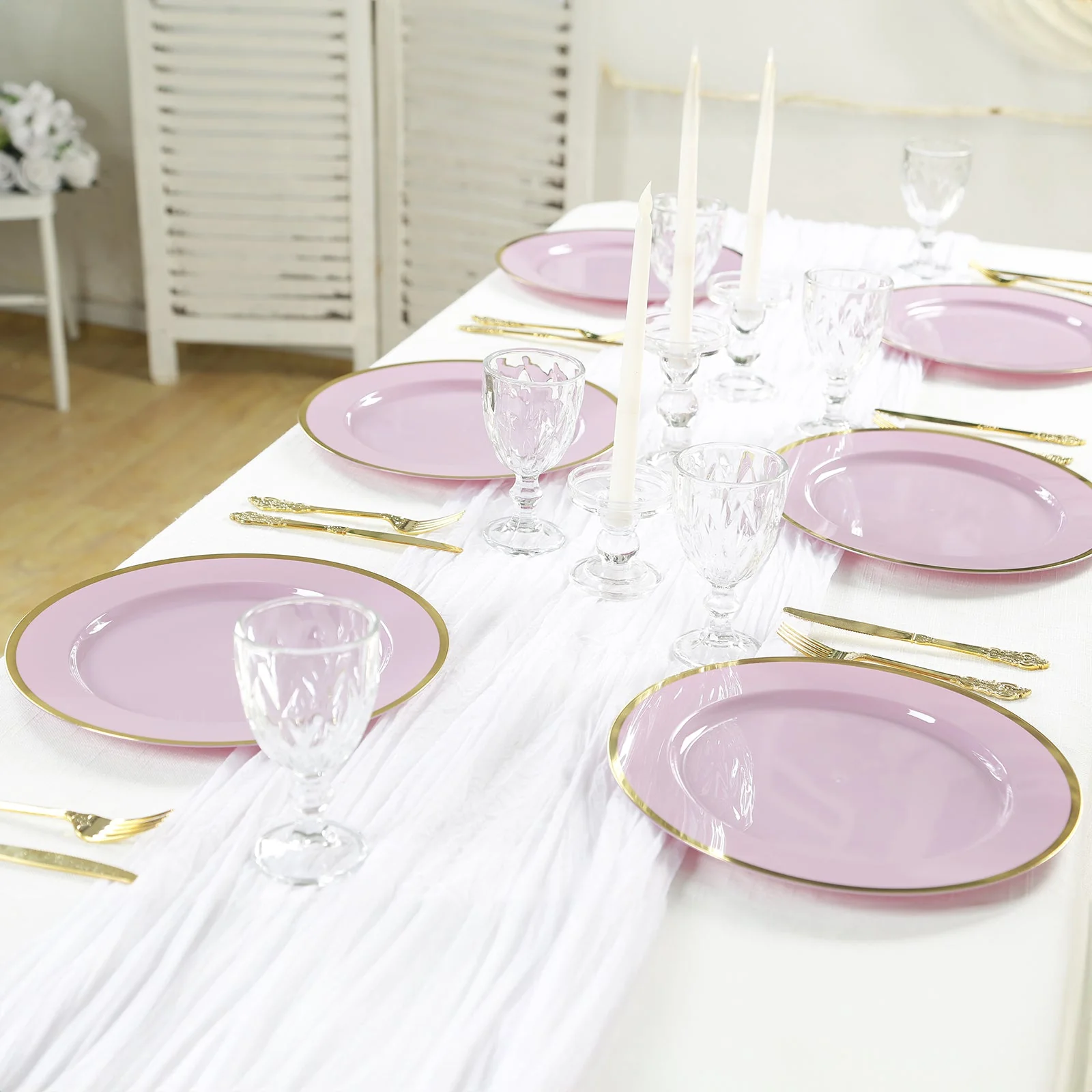 10-Pack Economy Plastic Charger Plates 12" Round Lavender Lilac with Wide Gold Rim - Dinner Party Serving Plates - Image 7
