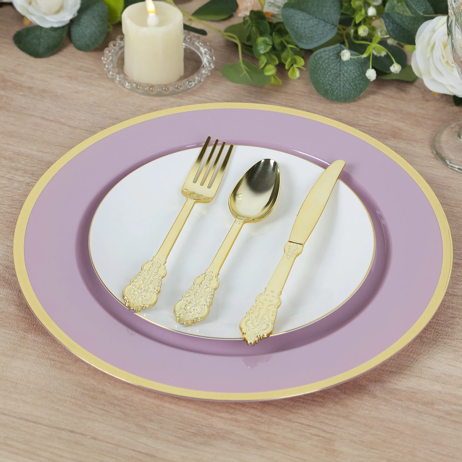 10-Pack Economy Plastic Charger Plates 12" Round Lavender Lilac with Wide Gold Rim - Dinner Party Serving Plates - Image 8