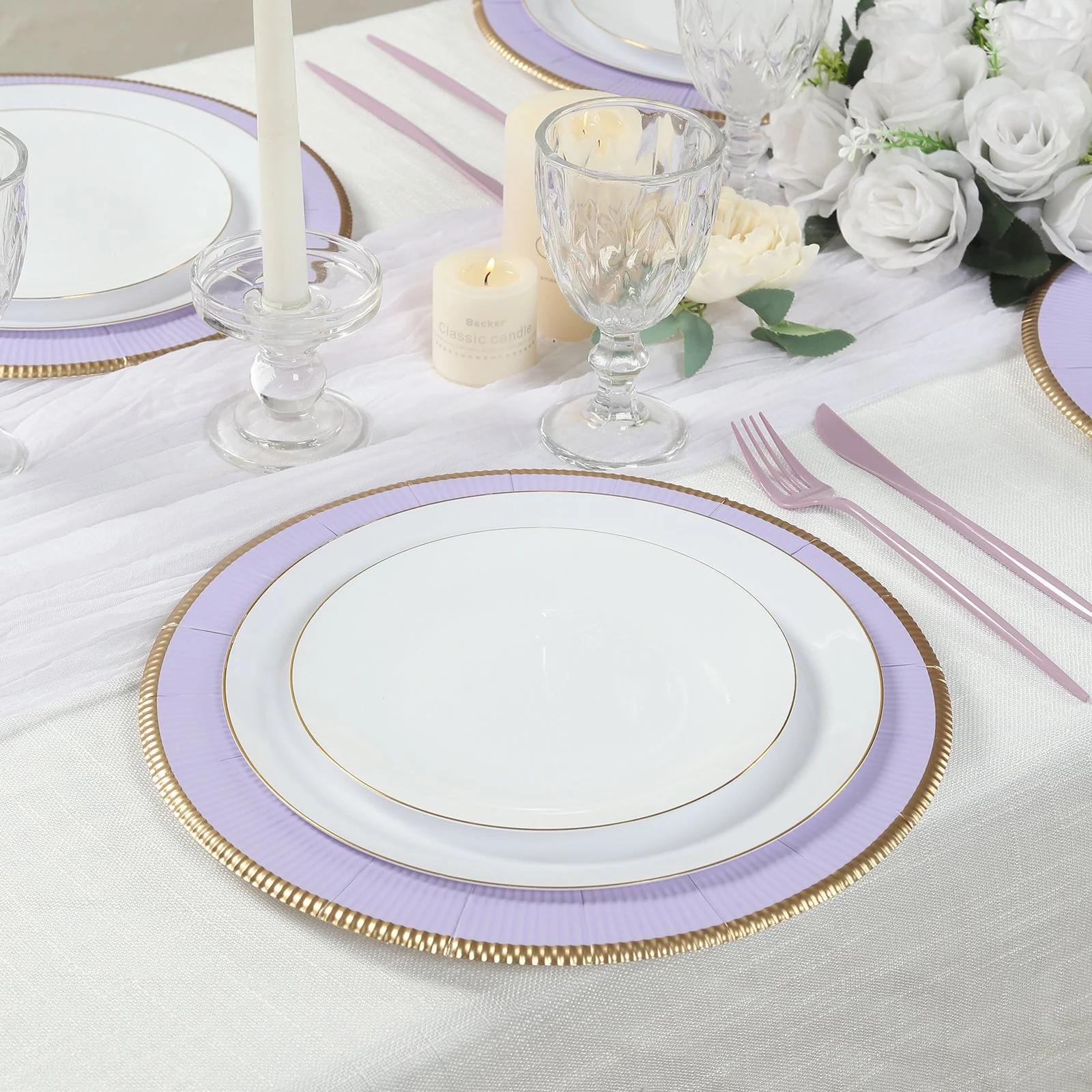25-Pack Disposable Round Charger Plates 13" Lavender Lilac Sunray Design with Gold Rim - 350GSM Heavy Duty Paper Placemats - Image 7