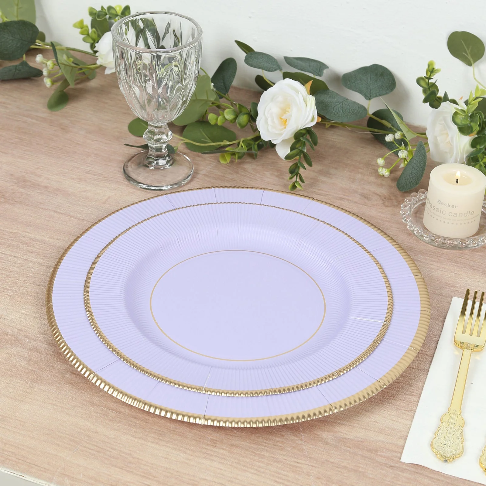 25-Pack Paper Round Dinner Plates 10" Lavender Lilac Sunray Design with Gold Rim - 350GSM Heavy Duty Disposable Party Plates - Image 3