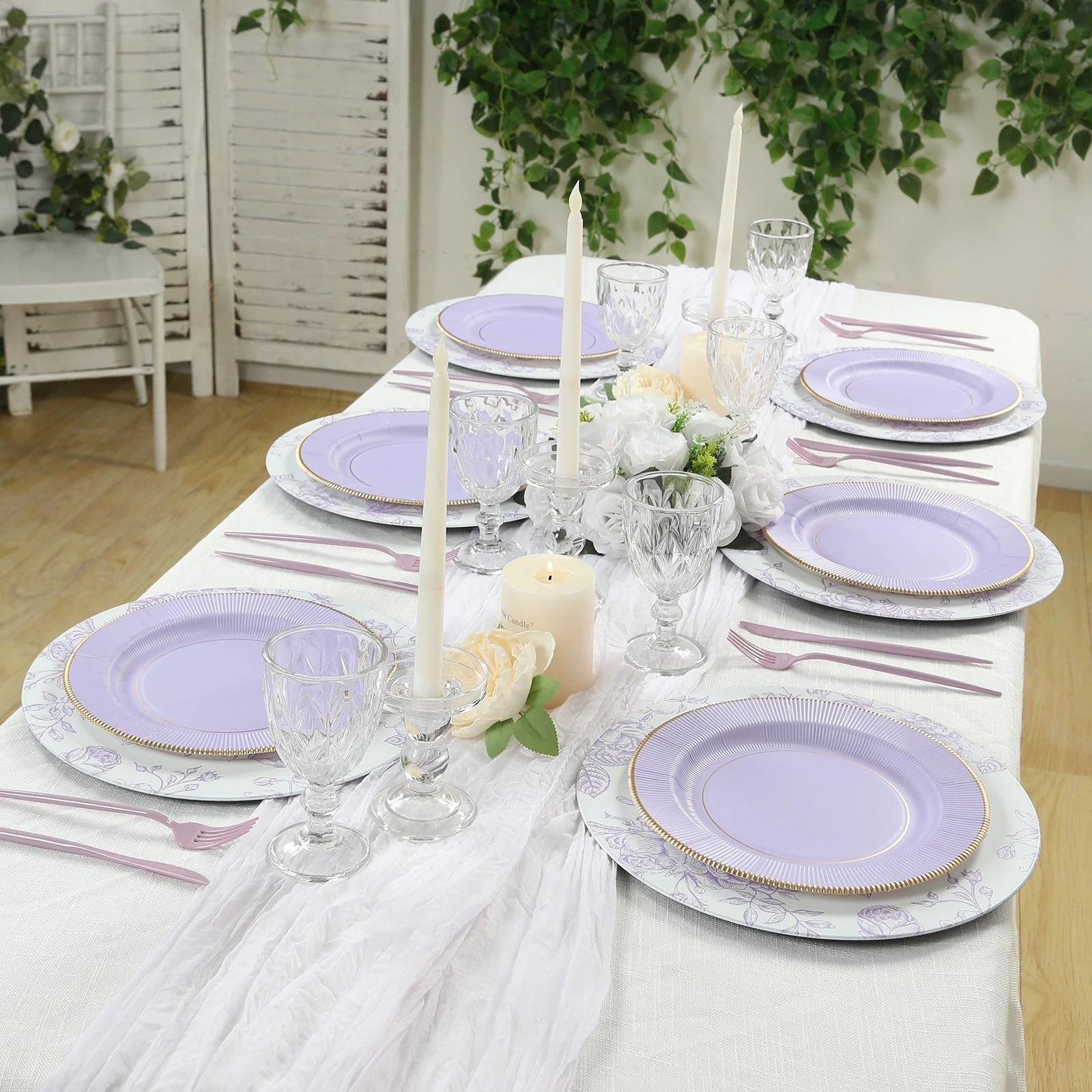 25-Pack Paper Round Dinner Plates 10" Lavender Lilac Sunray Design with Gold Rim - 350GSM Heavy Duty Disposable Party Plates - Image 8