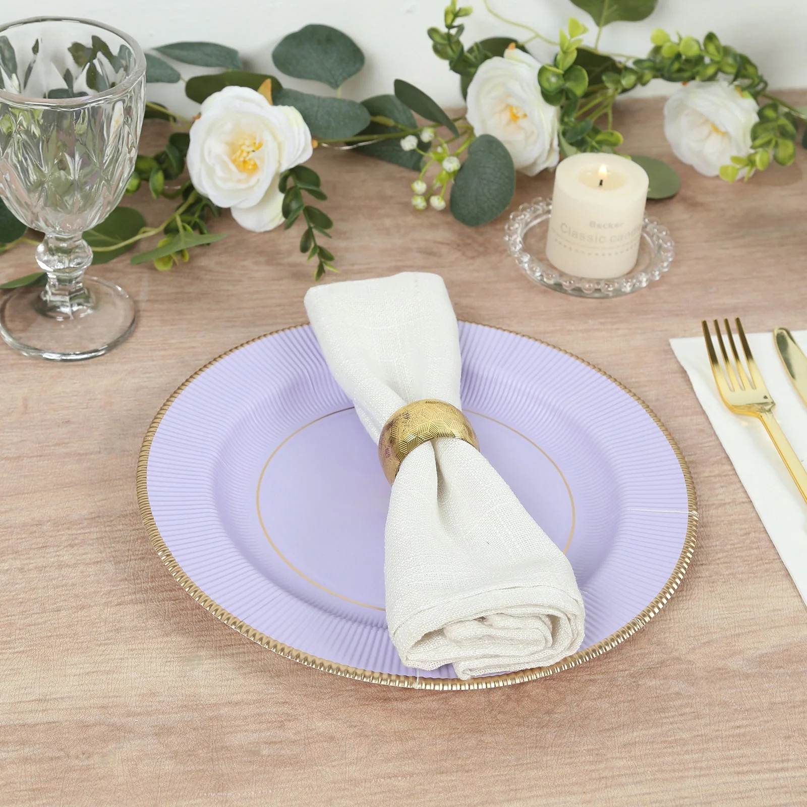 25-Pack Paper Round Dinner Plates 10" Lavender Lilac Sunray Design with Gold Rim - 350GSM Heavy Duty Disposable Party Plates - Image 9