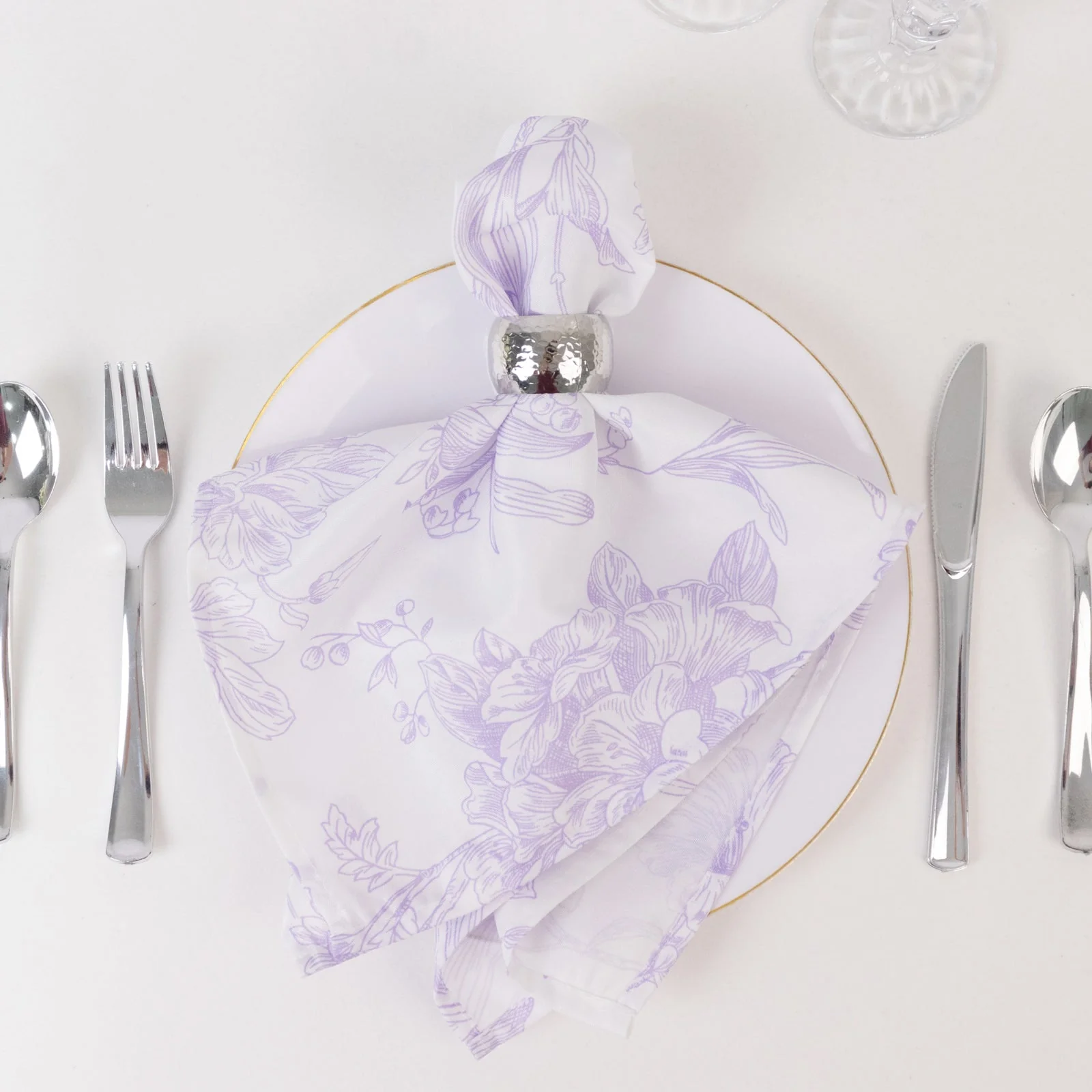 5 Pack Polyester Dinner Napkins 20"x20" White with Lavender Lilac French Toile Pattern - Chic Floral Cloth Napkins