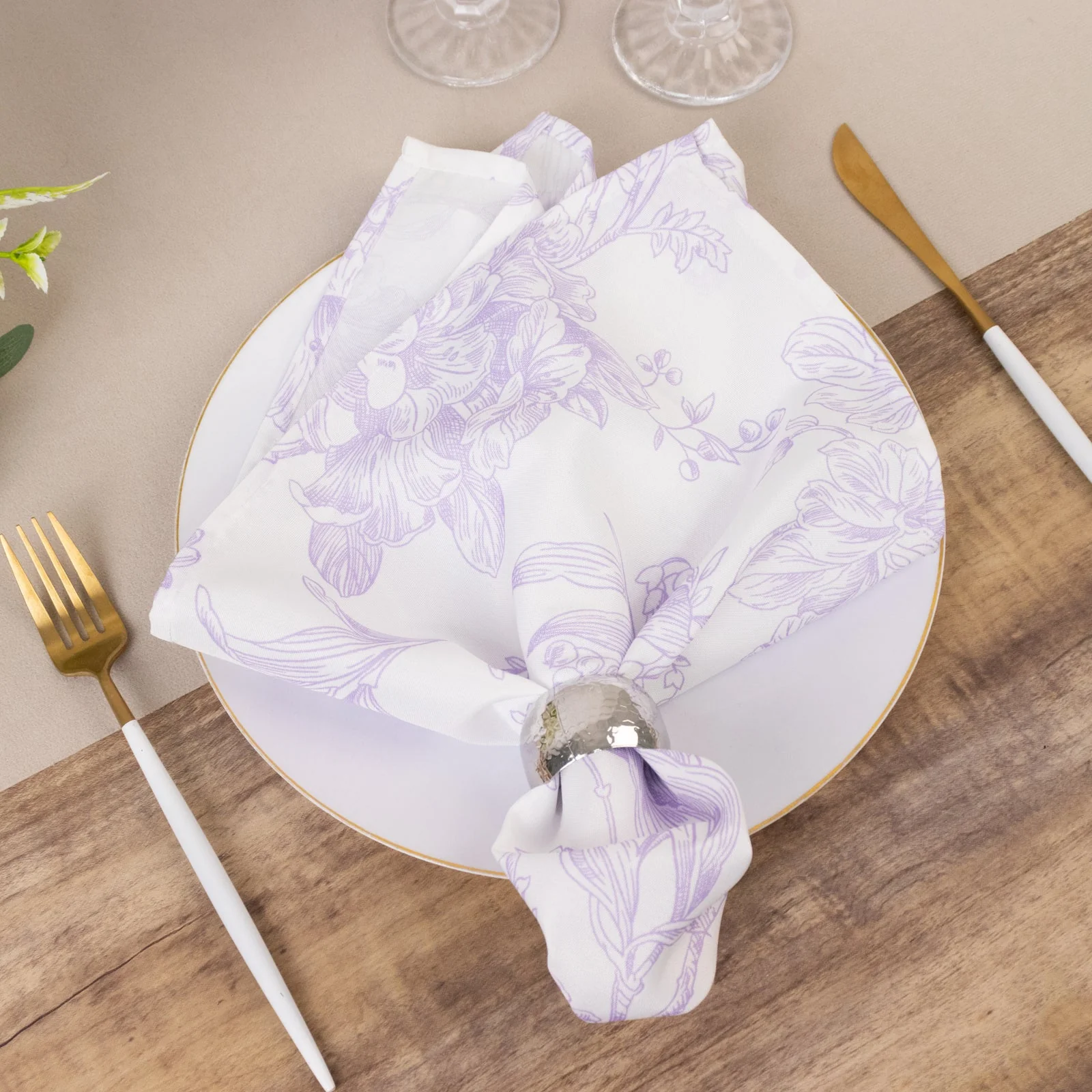 5 Pack Polyester Dinner Napkins 20"x20" White with Lavender Lilac French Toile Pattern - Chic Floral Cloth Napkins - Image 3