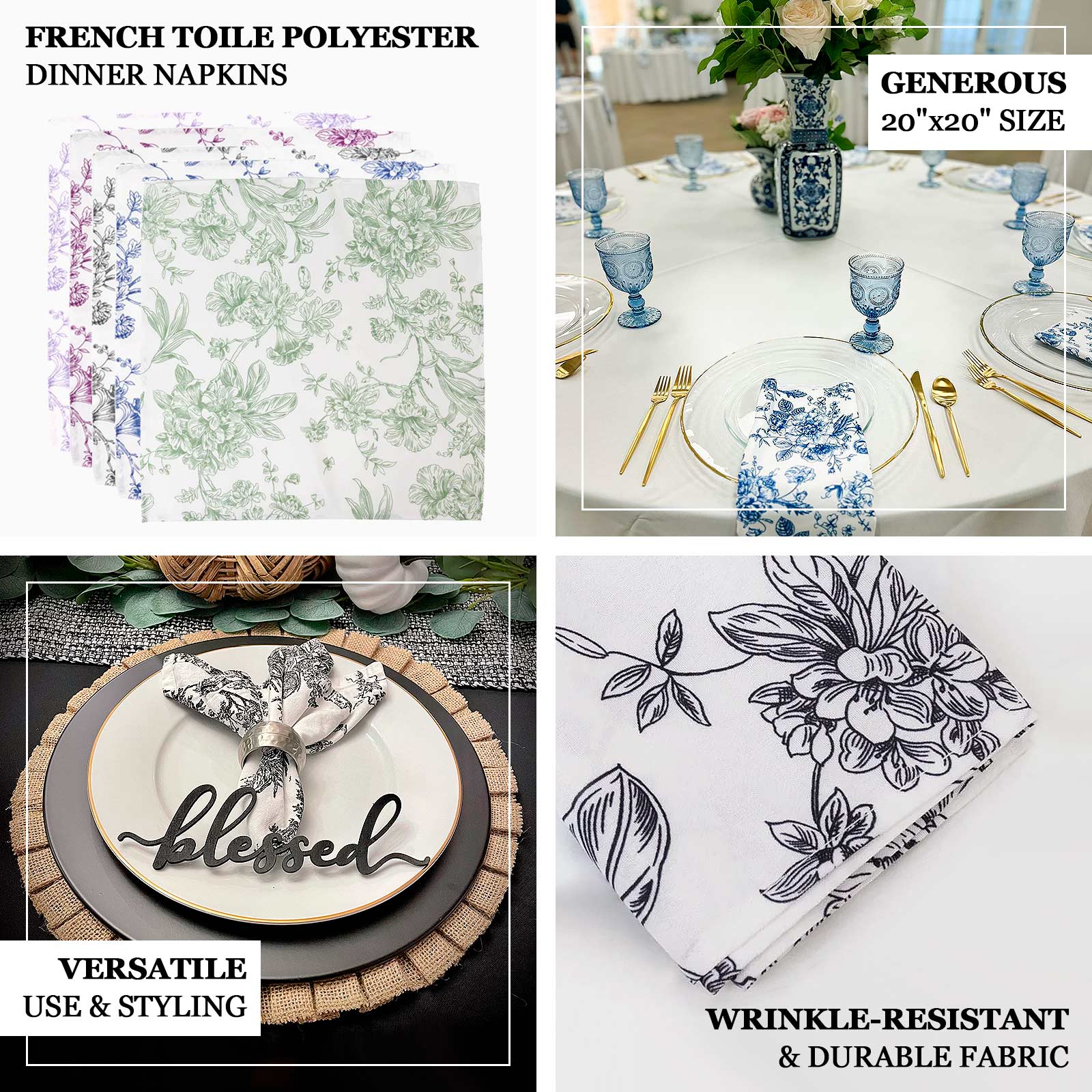 5 Pack Polyester Dinner Napkins 20"x20" White with Lavender Lilac French Toile Pattern - Chic Floral Cloth Napkins - Image 4